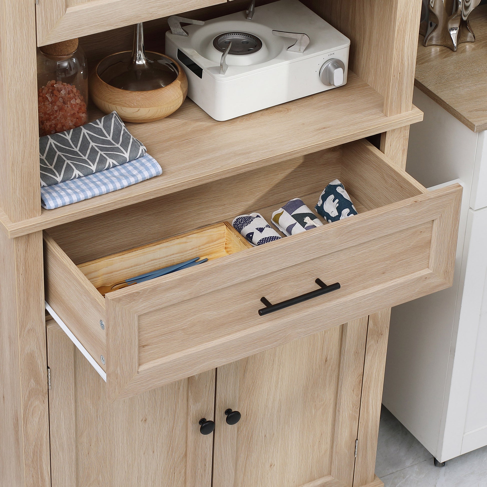 Modern Freestanding Kitchen Pantry Cabinet Cupboard with Doors Open Shelves Adjustable Shelving Microwave Space, Oak Kitchen Pantry Cabinets   at Gallery Canada