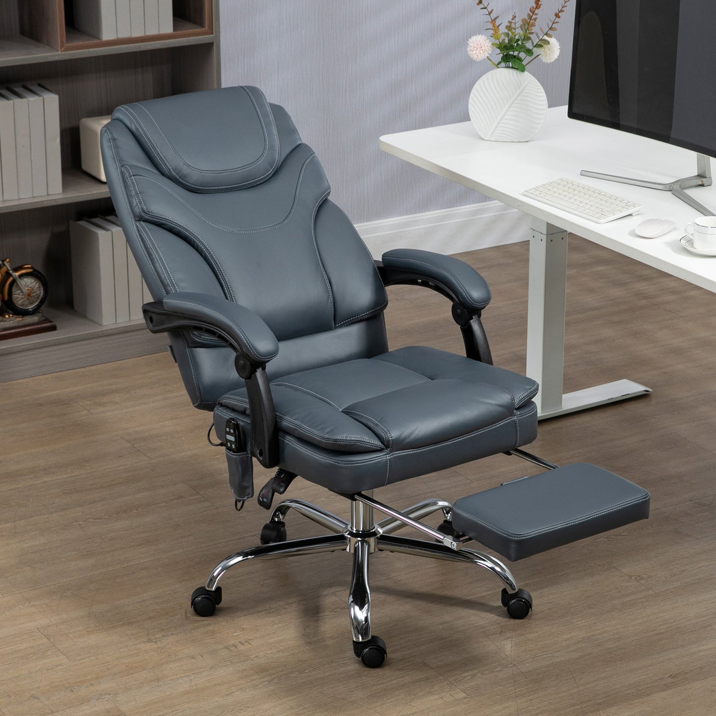 6 Point Vibration Massage Office Chair, PU Leather Heated Reclining Computer Chair with Footrest, Grey Massage Chairs   at Gallery Canada