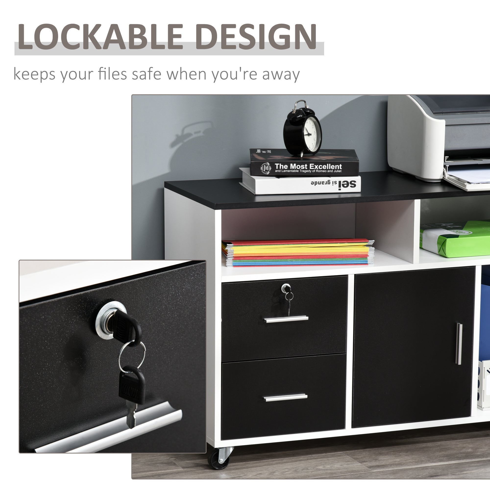 Lateral Filing Cabinet, Printer Stand Home Office Mobile File Cabinet with Wheels, Lockable Drawer, Black Office Cabinets & Cupboards at Gallery Canada