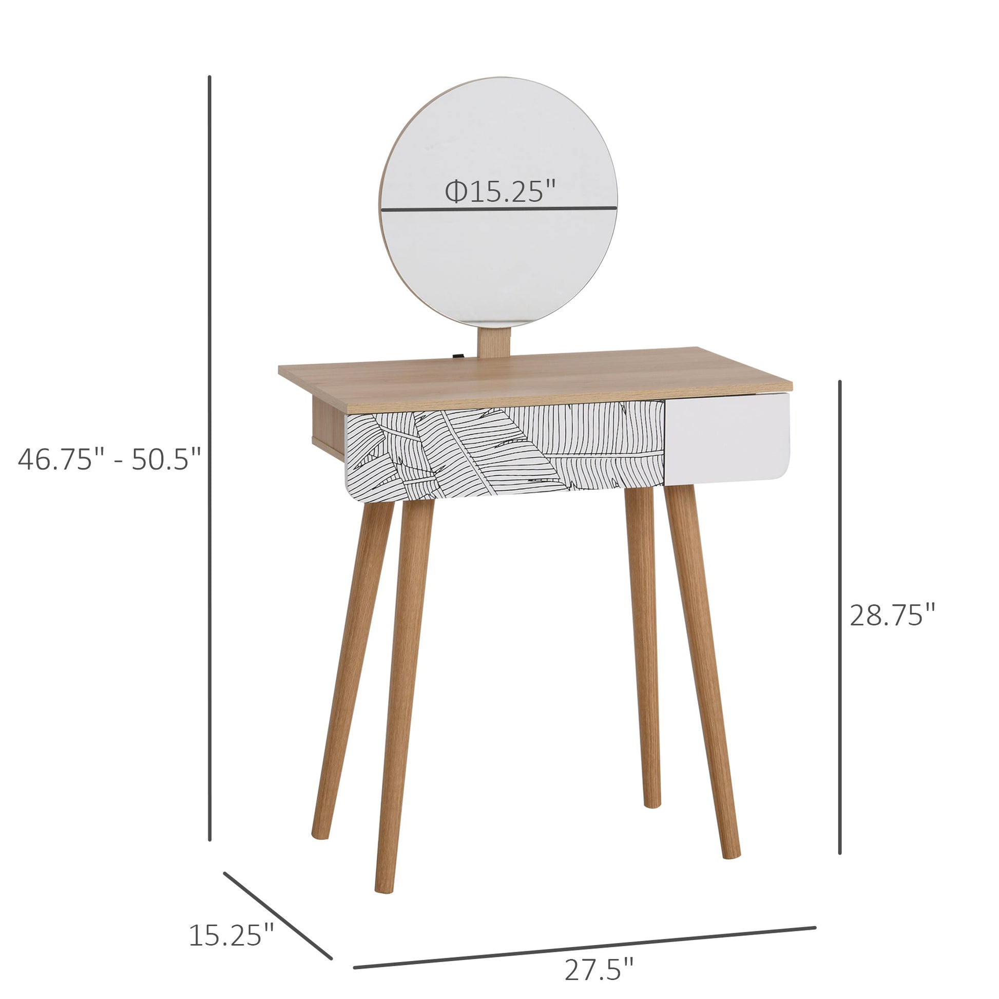 Vanity Desk with Mirror, Vanity Table with Drawer and Height Adjustable Mirror, Makeup Table with Wood Legs for Bedroom, Oak Dressing & Vanity Tables   at Gallery Canada