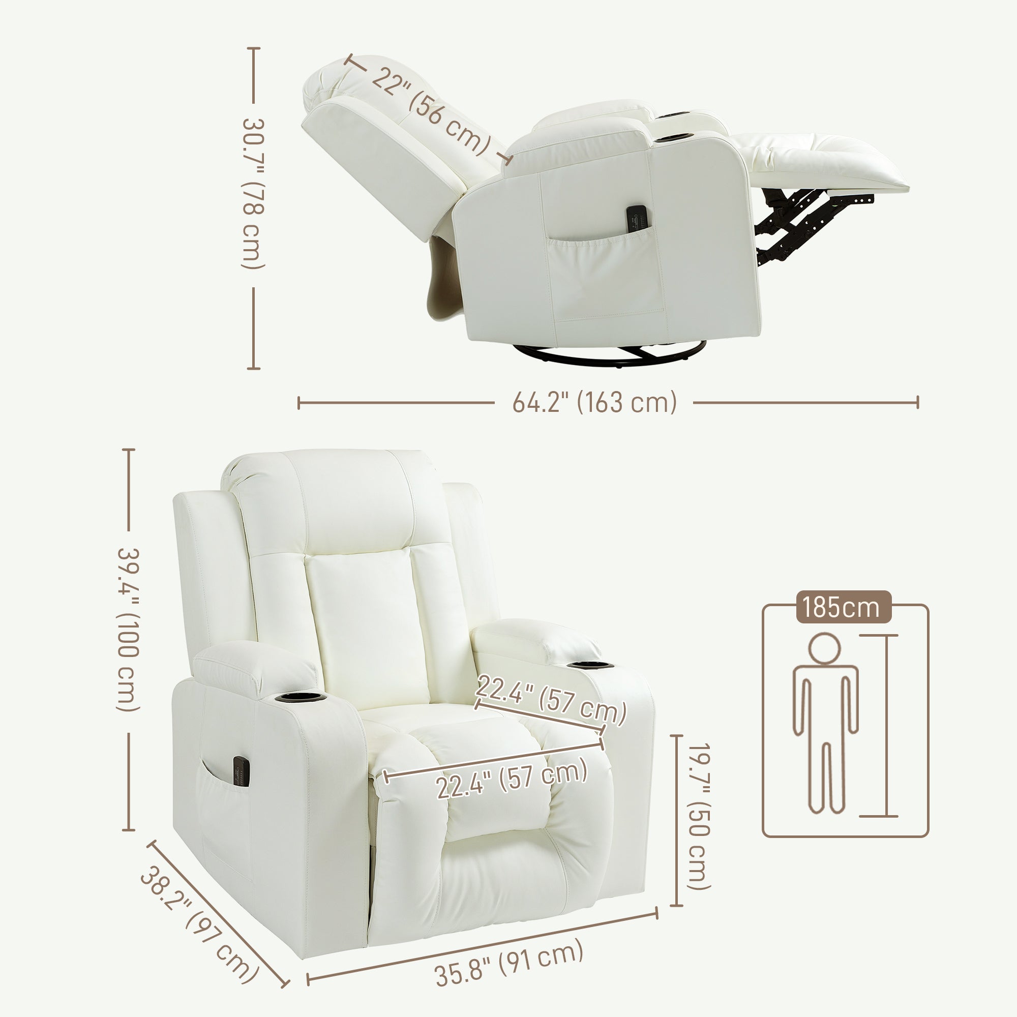 Massage Recliner Chair for Living Room with 8 Vibration, Overstuffed PU Leather Manual Reclining Chair with Wide Seat, Cup Holders, 360° Swivel, Rocking, Cream White Single Sofas at Gallery Canada