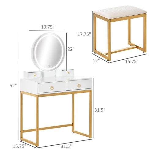 Makeup Vanity Table Set with 3-Color Touch Screen Dimmable Lighted Mirror, Dressing Desk with 4 Drawers and Cushioned Stool for Bedroom, White