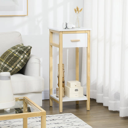 Tall Side Table, Slim Bedside Table with Drawer and Bottom Shelf, Narrow End Table with Storage and Pine Wood Frame for Small Spaces, White Side Tables   at Gallery Canada