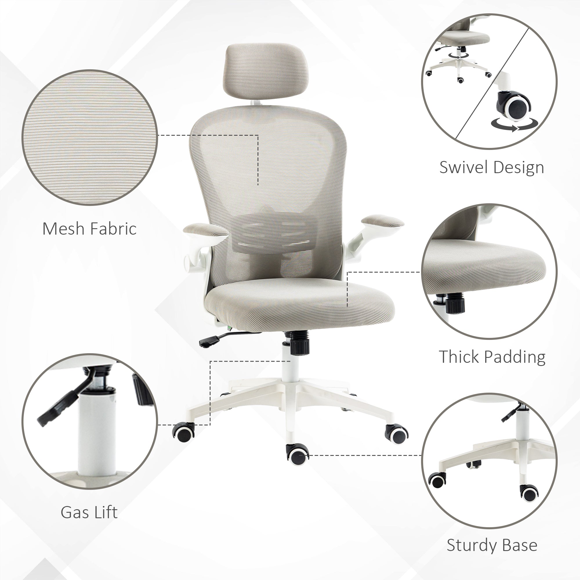 Office Chair, Mesh Computer Desk Chair with Adjustable Headrest, 4D Lumbar Support, Flip-up Arm, Grey Task Chairs at Gallery Canada