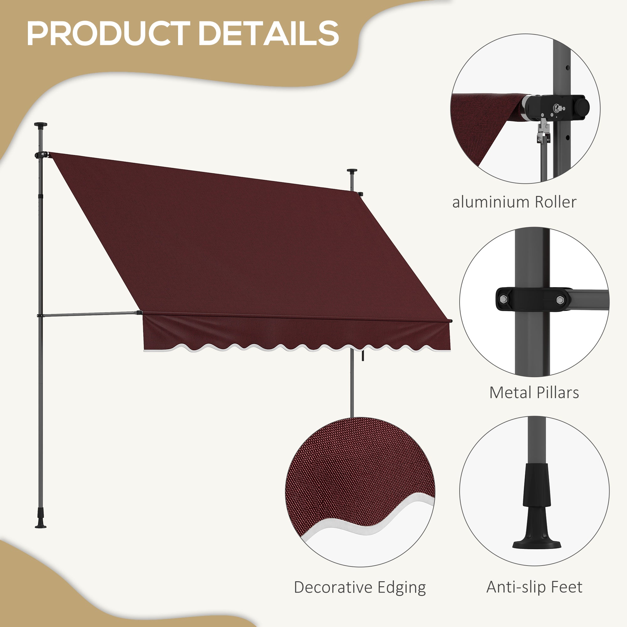 10' x 3' Manual Retractable Awning, Non-Screw Freestanding Patio Awning, UV Resistant, for Window or Door, Wine Red Window Awnings at Gallery Canada