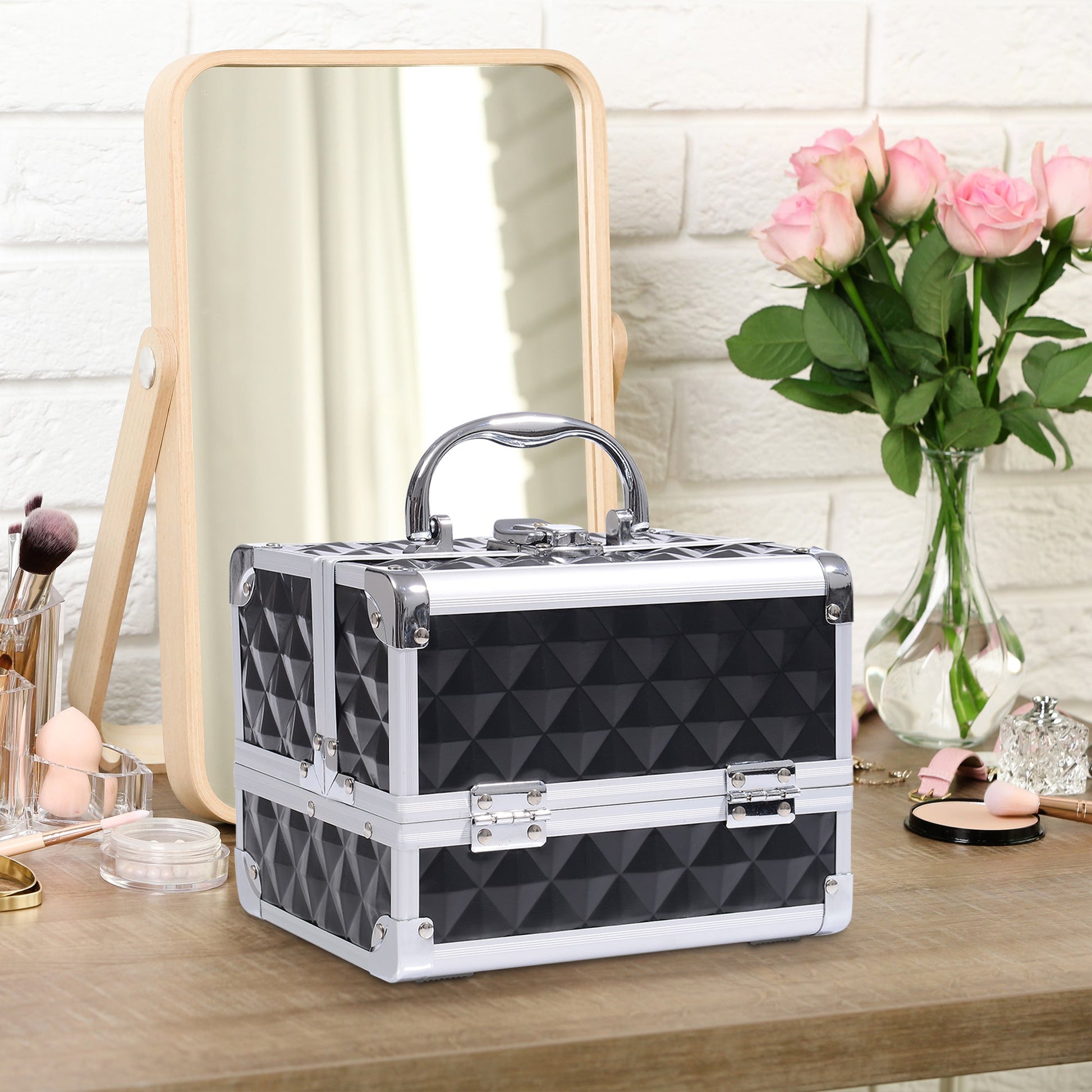 3 Tier Diamond Texture Makeup Train Case Cosmetic Organizer with Mirror, Black Makeup Cases   at Gallery Canada