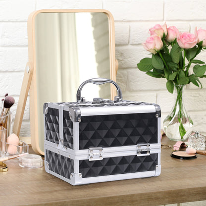 3 Tier Diamond Texture Makeup Train Case Cosmetic Organizer with Mirror, Black Makeup Cases   at Gallery Canada