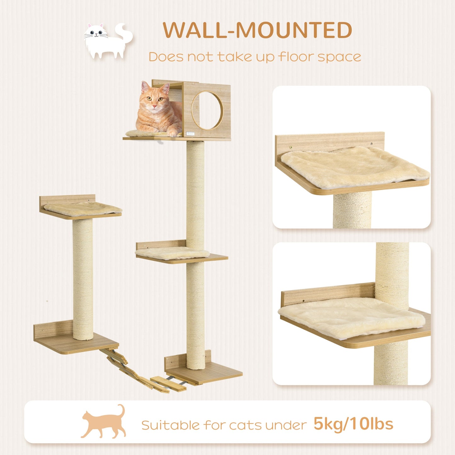 Wall Mounted Cat Tree with Scratching Post Condo Bridge Cushion Cat Climbing Shelves Furniture, Yellow Cat Climbing Wall   at Gallery Canada