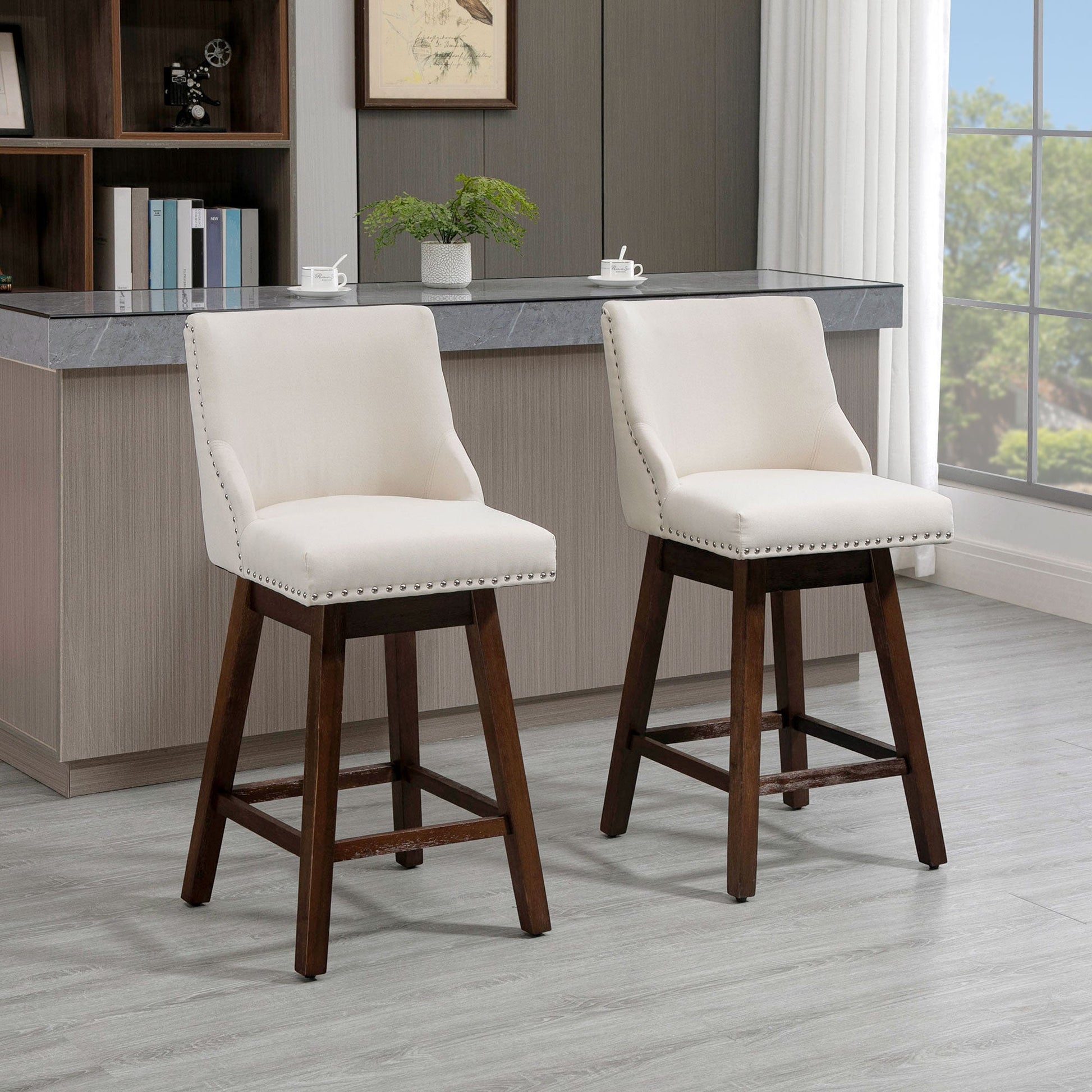 Swivel Bar stool Set of 2 Armless Upholstered Bar Chairs with Nailhead-Trim, Wood Legs, Cream White Bar Stools   at Gallery Canada