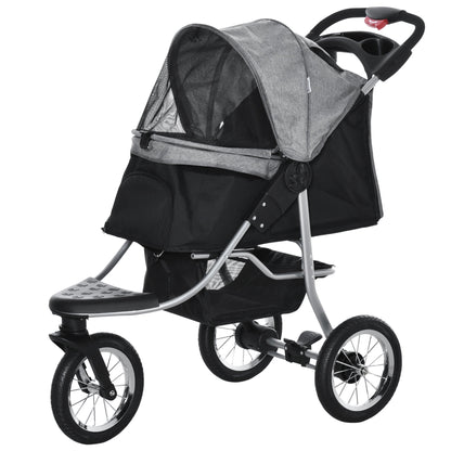 Pet Stroller with 3 Wheels, One-click Folding Design, Adjustable Canopy, Zippered Mesh Window Door, Grey - Gallery Canada