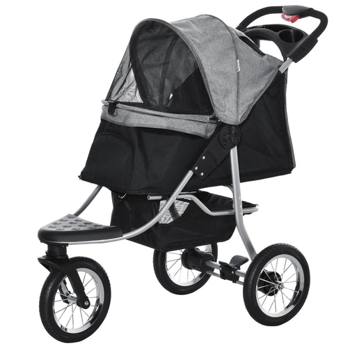 Pet Stroller with 3 Wheels, One-click Folding Design, Adjustable Canopy, Zippered Mesh Window Door, Grey