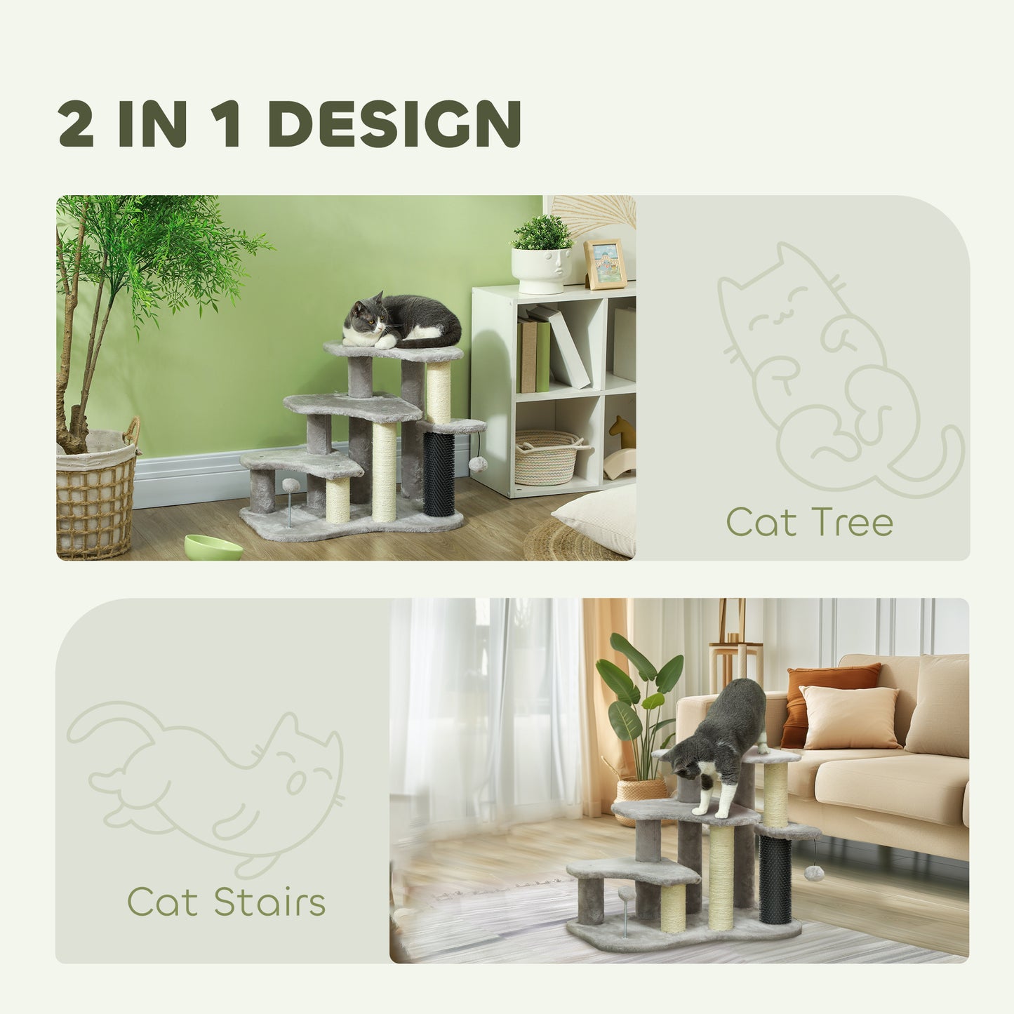 2 in 1 Cat Tree 3 Steps Pet Stairs with Scratching Posts, Tickling Post, Toy Balls, for Bed, Couch, Sofa, Light Grey Cat Stairs   at Gallery Canada