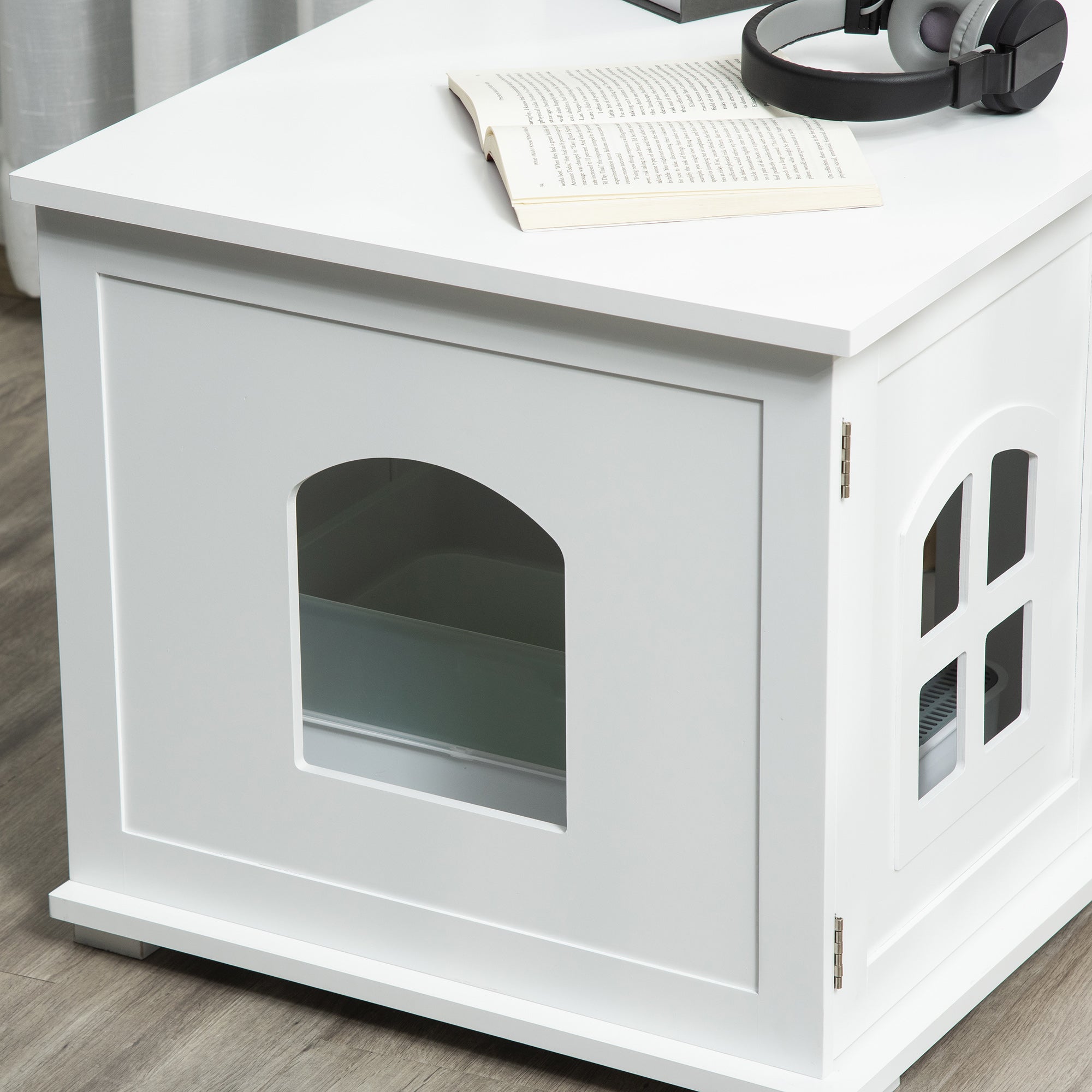 Cat Litter Box Enclosure Hidden Cat Furniture Cabinet Indoor Cat Washroom Double-door Nightstand End Table with Cat Hole Window White Cat Litter Box Enclosures   at Gallery Canada