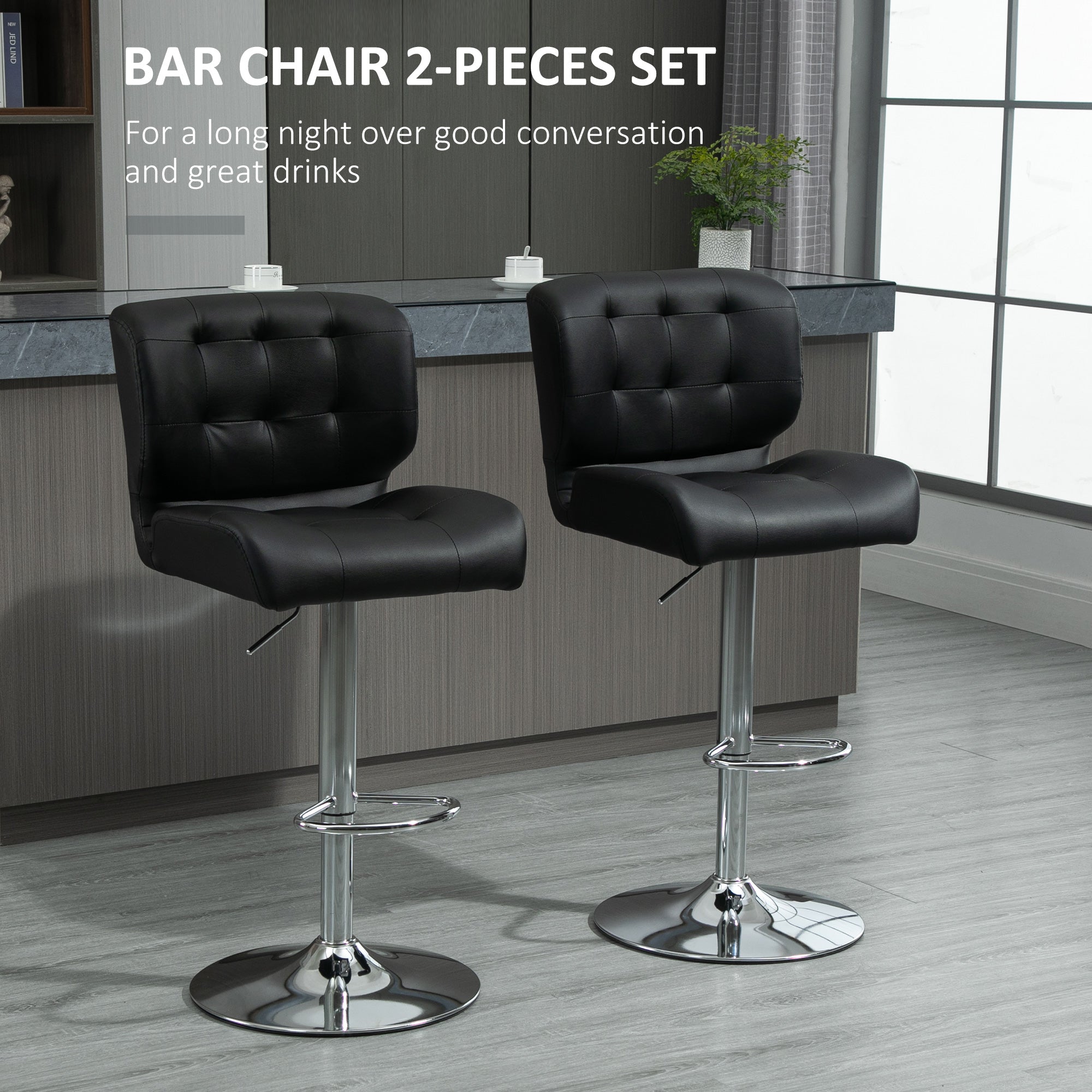 Bar stools Set of 2 Adjustable Height Faux Leather Swivel Bar Chairs with Footrest for Kitchen, Counter, Home Bar, Black Bar Stools   at Gallery Canada