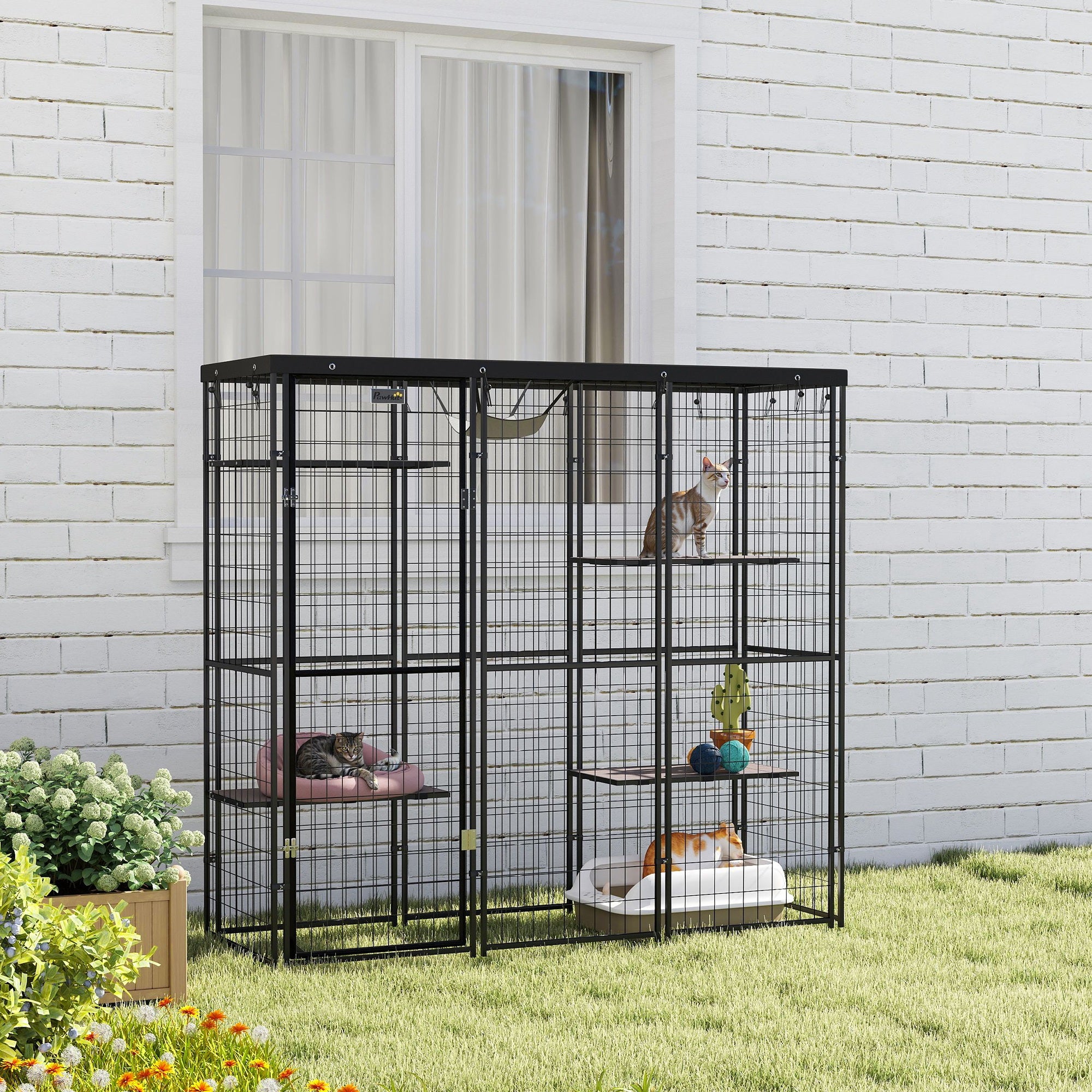Weld Wire Catio Outdoor Indoor with Waterproof Cover, 4 Jumping Platforms, Hammock, 69