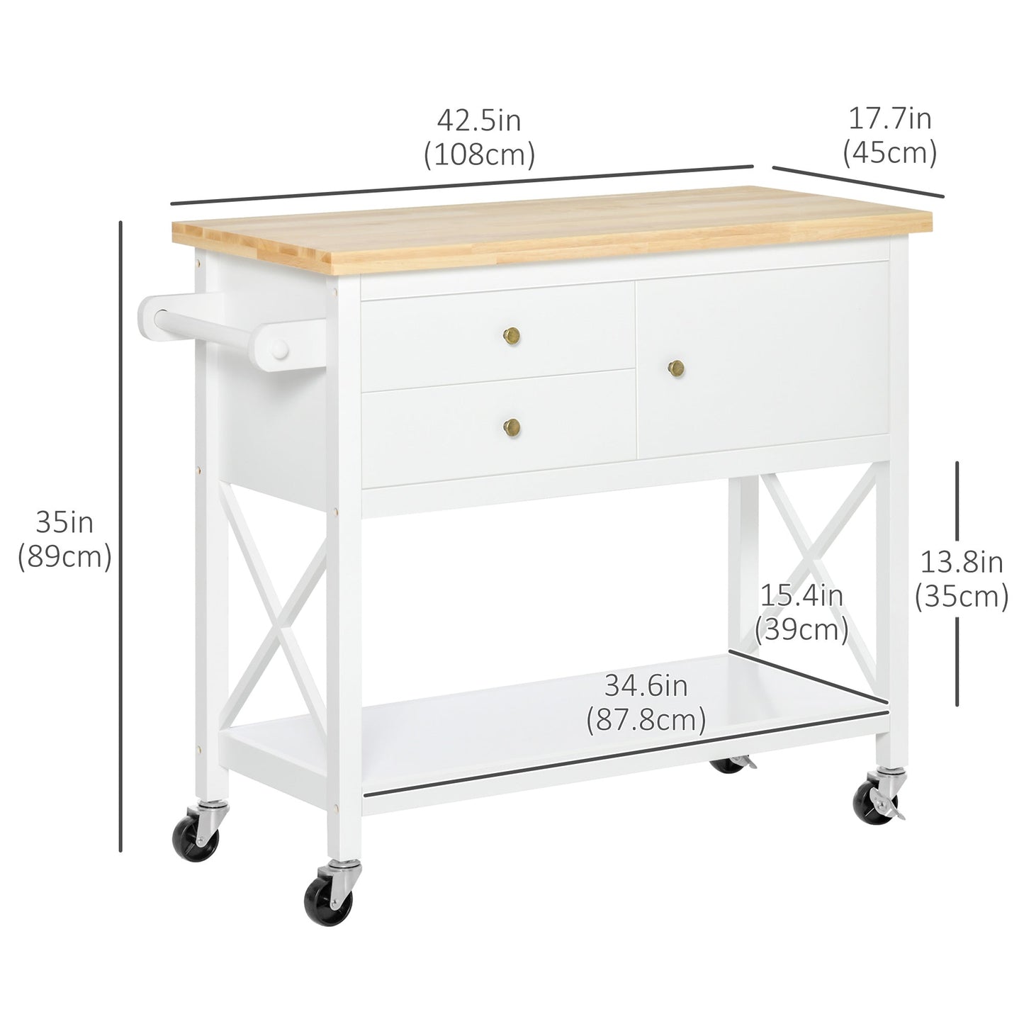 Utility Kitchen Cart Rolling Kitchen Island Storage Trolley with Rubberwood Top, 2 Drawers, Towel Rack, White Kitchen Islands & Kitchen Carts White  at Gallery Canada