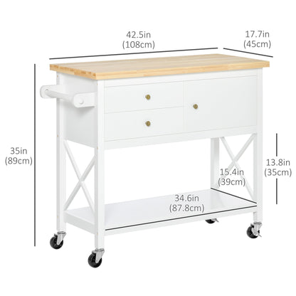 Utility Kitchen Cart Rolling Kitchen Island Storage Trolley with Rubberwood Top, 2 Drawers, Towel Rack, White Kitchen Islands & Kitchen Carts White  at Gallery Canada