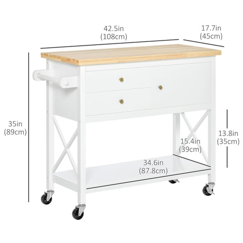 Utility Kitchen Cart Rolling Kitchen Island Storage Trolley with Rubberwood Top, 2 Drawers, Towel Rack, White