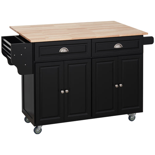 Kitchen Island with Storage, Rolling Kitchen Island with Drop Leaf, Rubber Wood Top and Adjustable Shelves, Black
