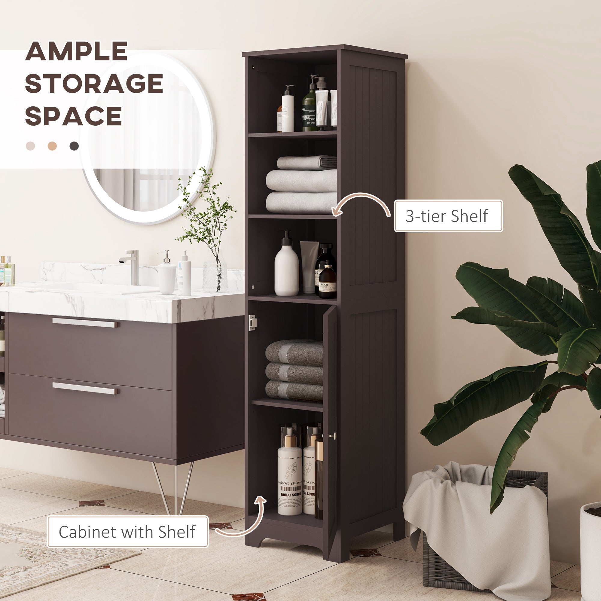 Tall Bathroom Storage Cabinet, Freestanding Tower Cabinet with Adjustable Shelf, 3 Open Shelves, Dark Brown Bathroom Cabinets   at Gallery Canada