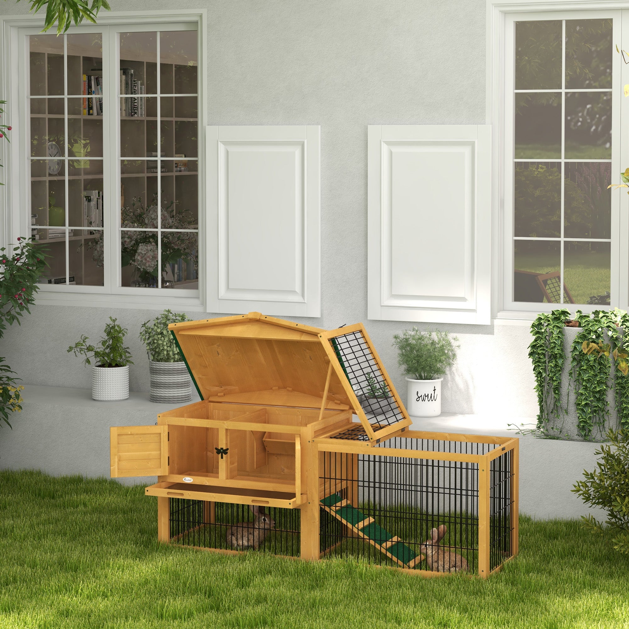 Wood Rabbit Hutch w/ Ramp, Openable Roof, Pull-out Tray, Yellow Rabbit Hutch at Gallery Canada