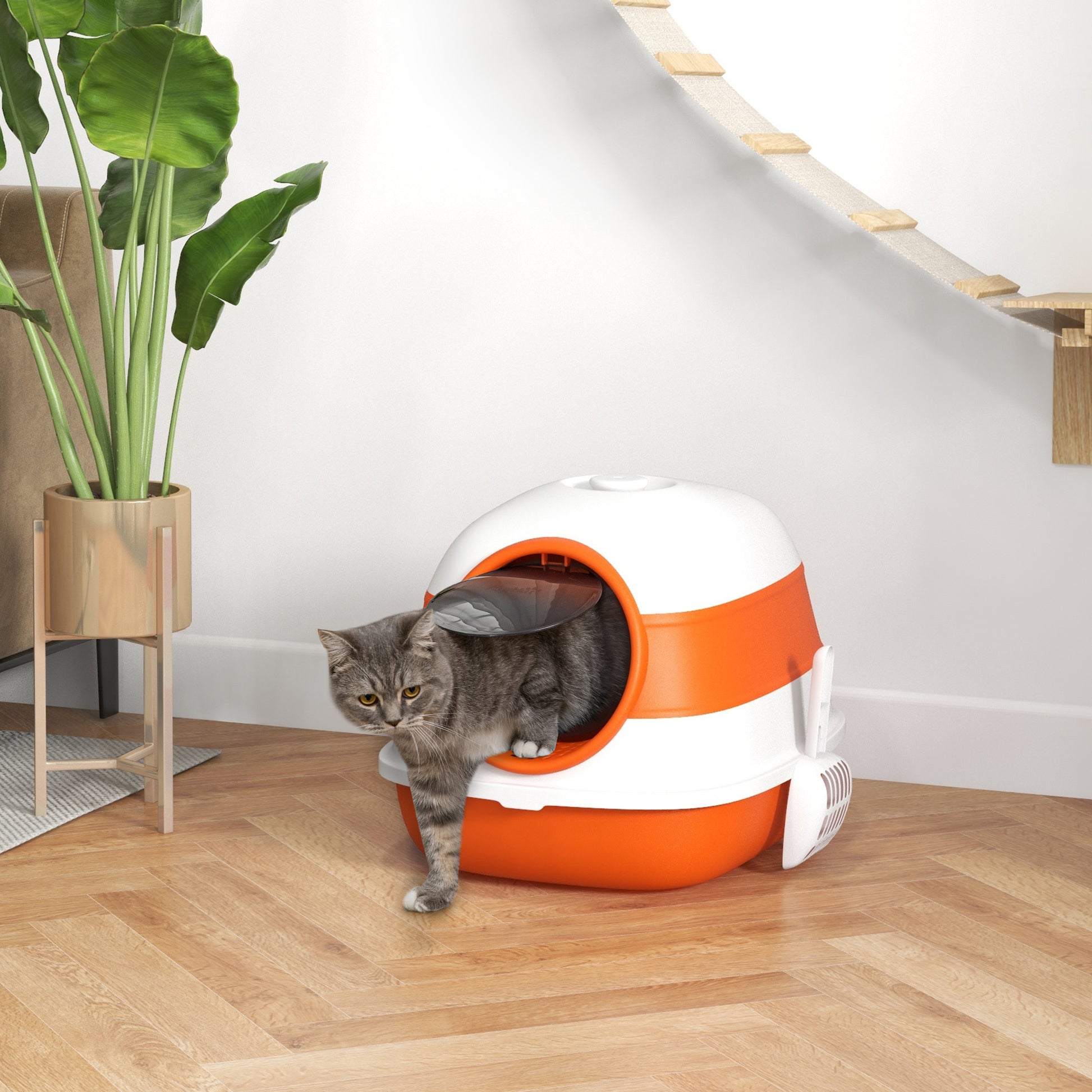 Cat Litter Box with Lid, Covered Litter Box w/ High Sides, Orange Cat Litter Box Enclosures White and Orange  at Gallery Canada