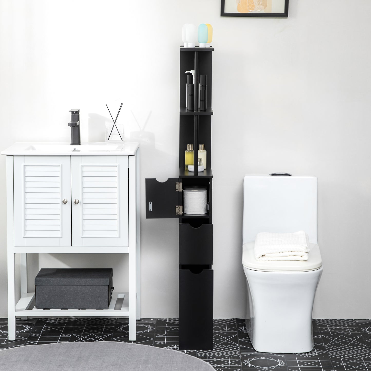 Tall Bathroom Storage Cabinet, Narrow Bathroom Cabinet with Drawers and Open Shelves for Small Spaces, Black Bathroom Cabinets   at Gallery Canada