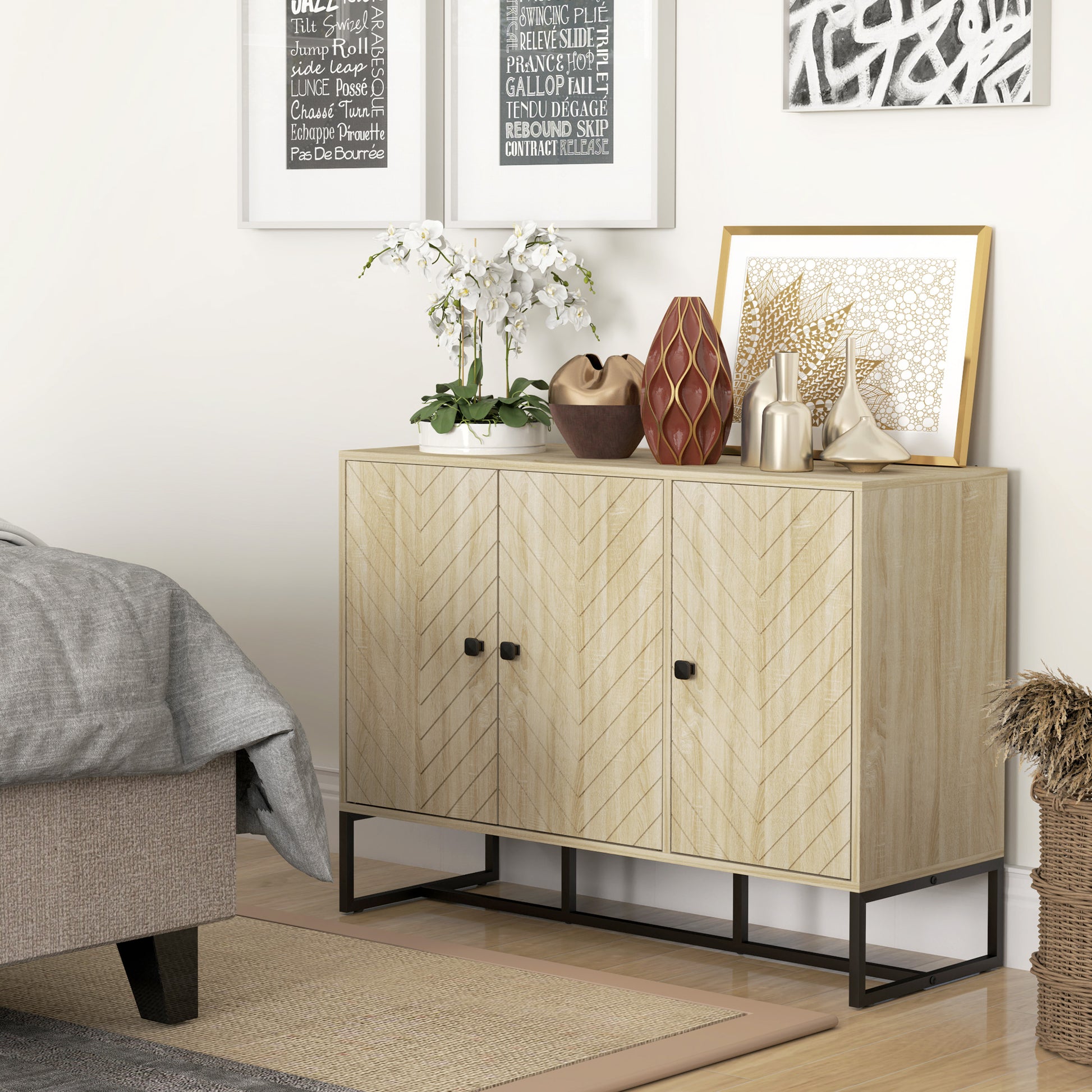 Modern Sideboard, Buffet Cabinet with Adjustable Shelves, 3 Chevron Doors for Living Room, Hallway, Oak Wood Grain Storage Cabinets at Gallery Canada