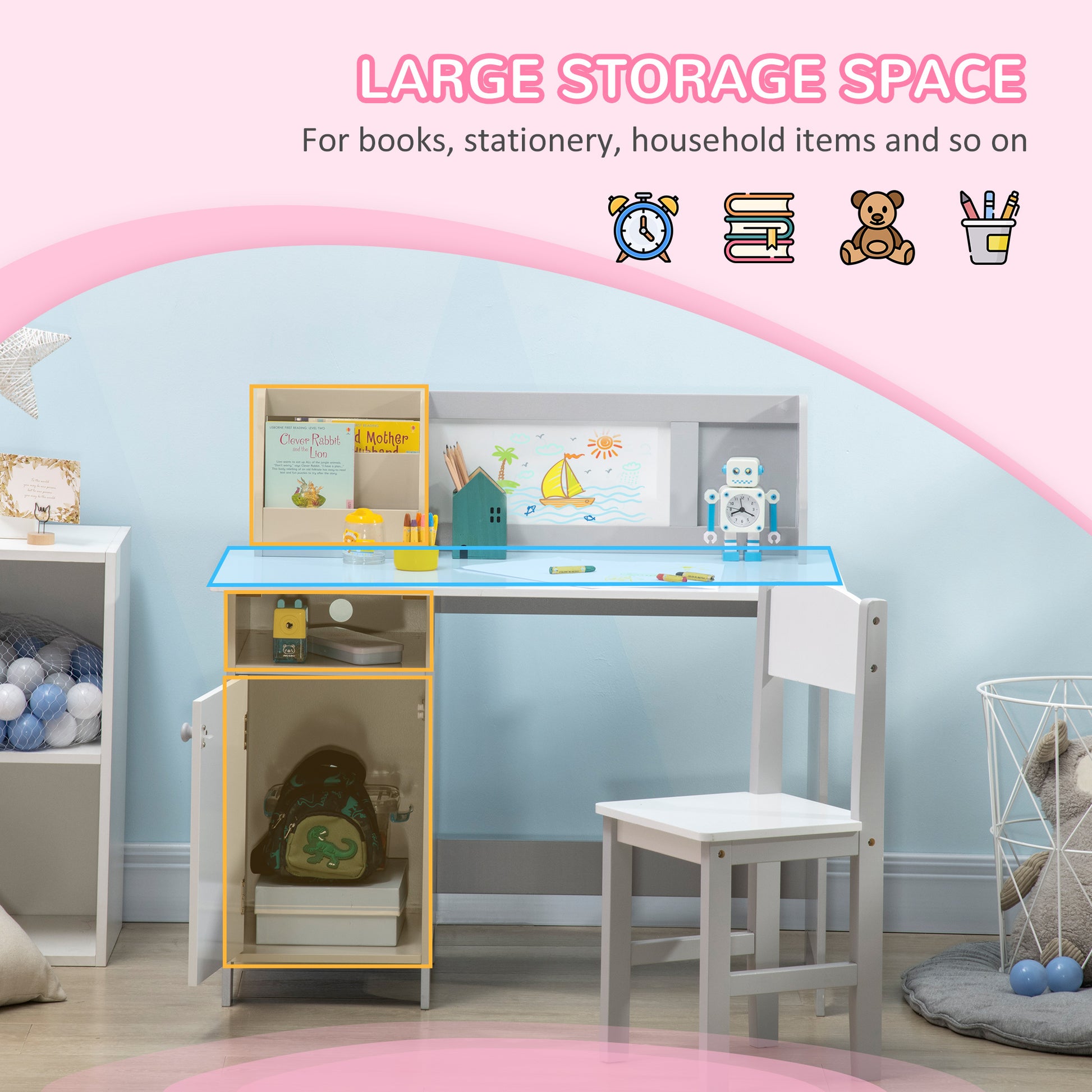 2Pcs Kids Desk and Chair Set with Whiteboard, Storage, Shelves, Grey Kids Desk Sets   at Gallery Canada