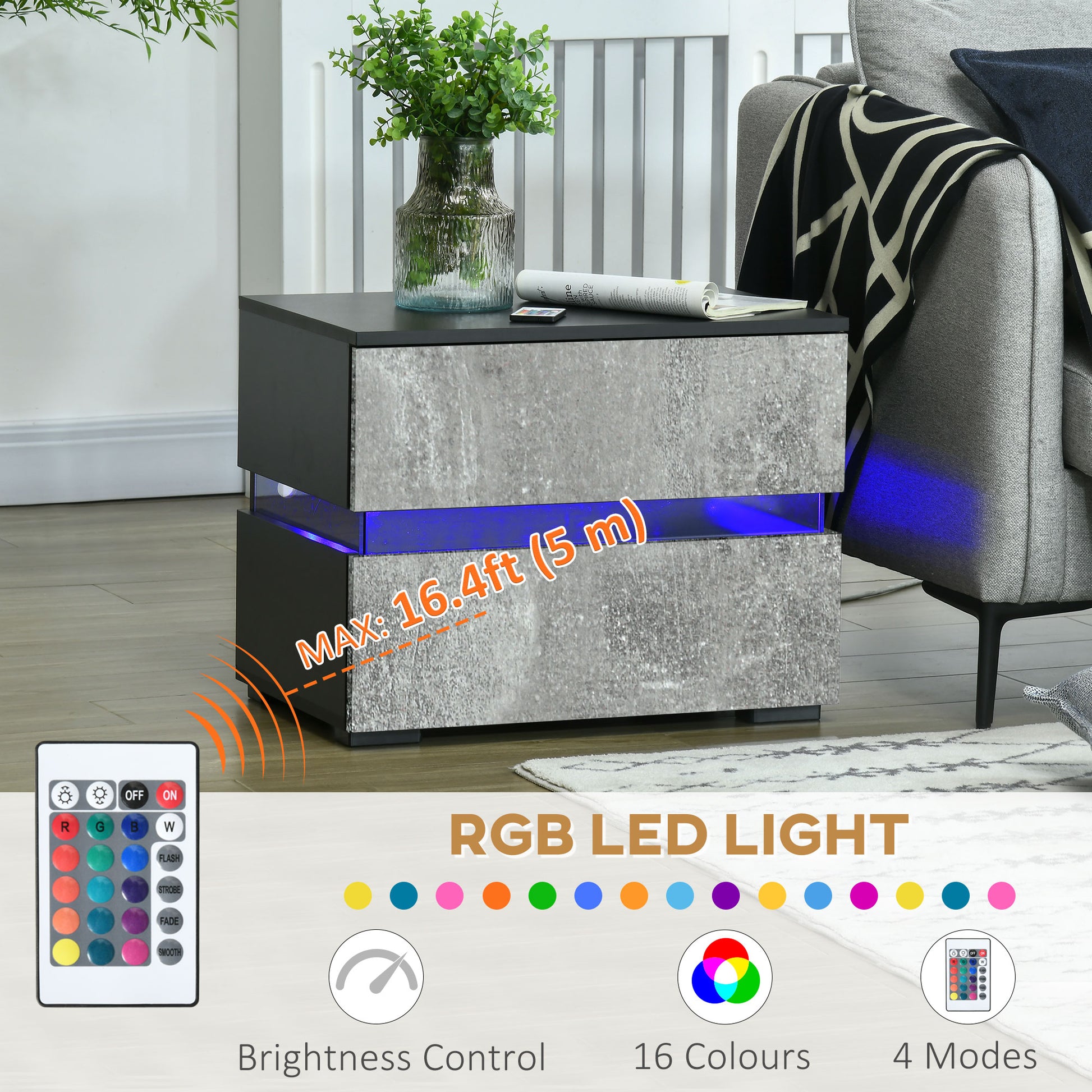 Modern Nightstand, Bedside Table with 2 Drawers, USB Powered RGB LED Lights, Remote for Bedroom, Grey Bedside Tables   at Gallery Canada