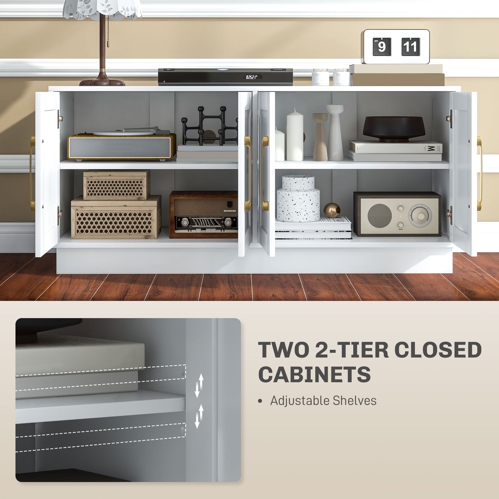 Modern TV Stand for up to 55" TV, TV Cabinet with 4 Soft Hinged Doors, 4 Cable Holes and 2 Adjustable Shelves, White TV Stands   at Gallery Canada