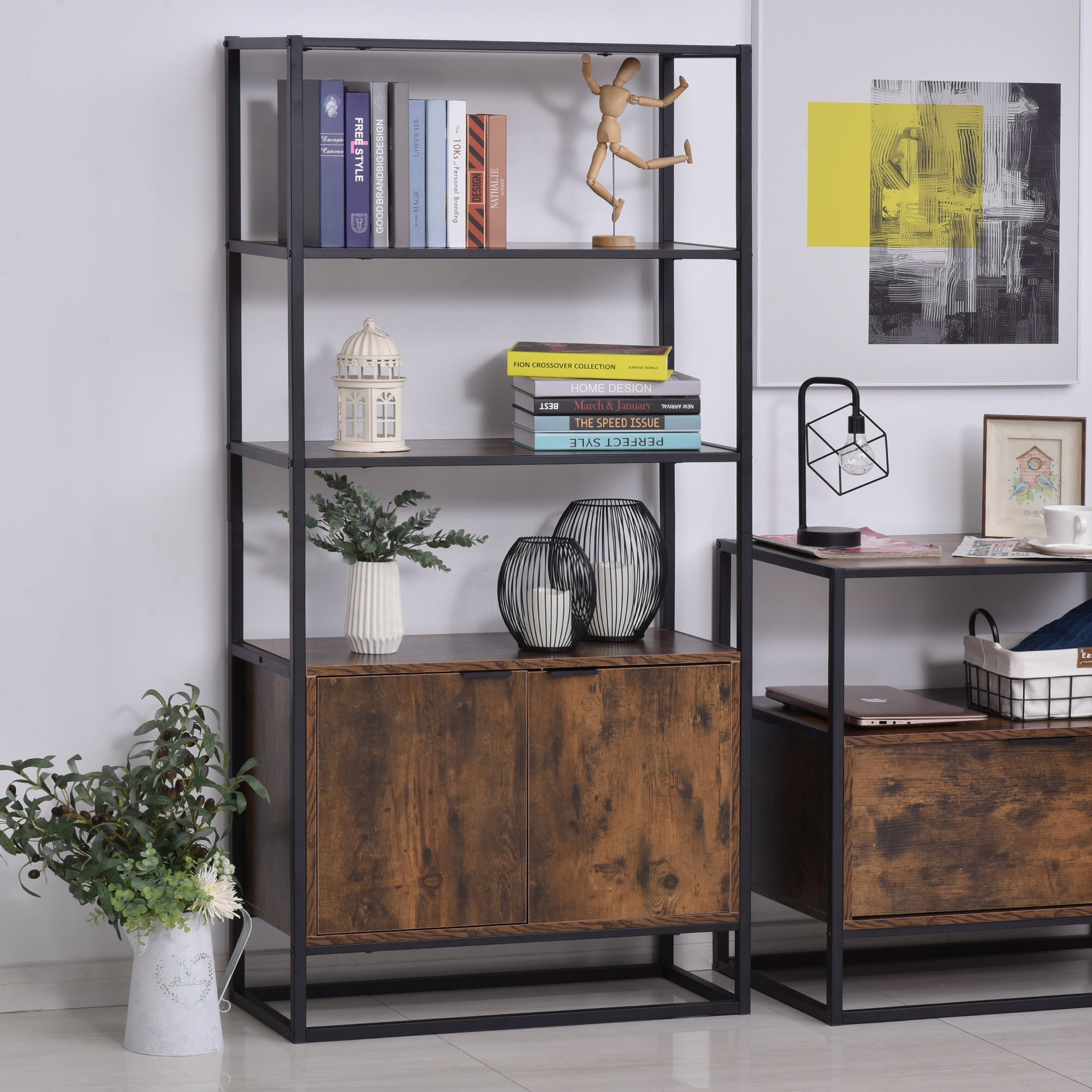 Storage Cabinet with 3 Open Shelves Cupboard Freestanding Tall Organizer Multifunctional Rack for Livingroom Bedroom Kitchen Rustic Brown Display Bookshelves   at Gallery Canada