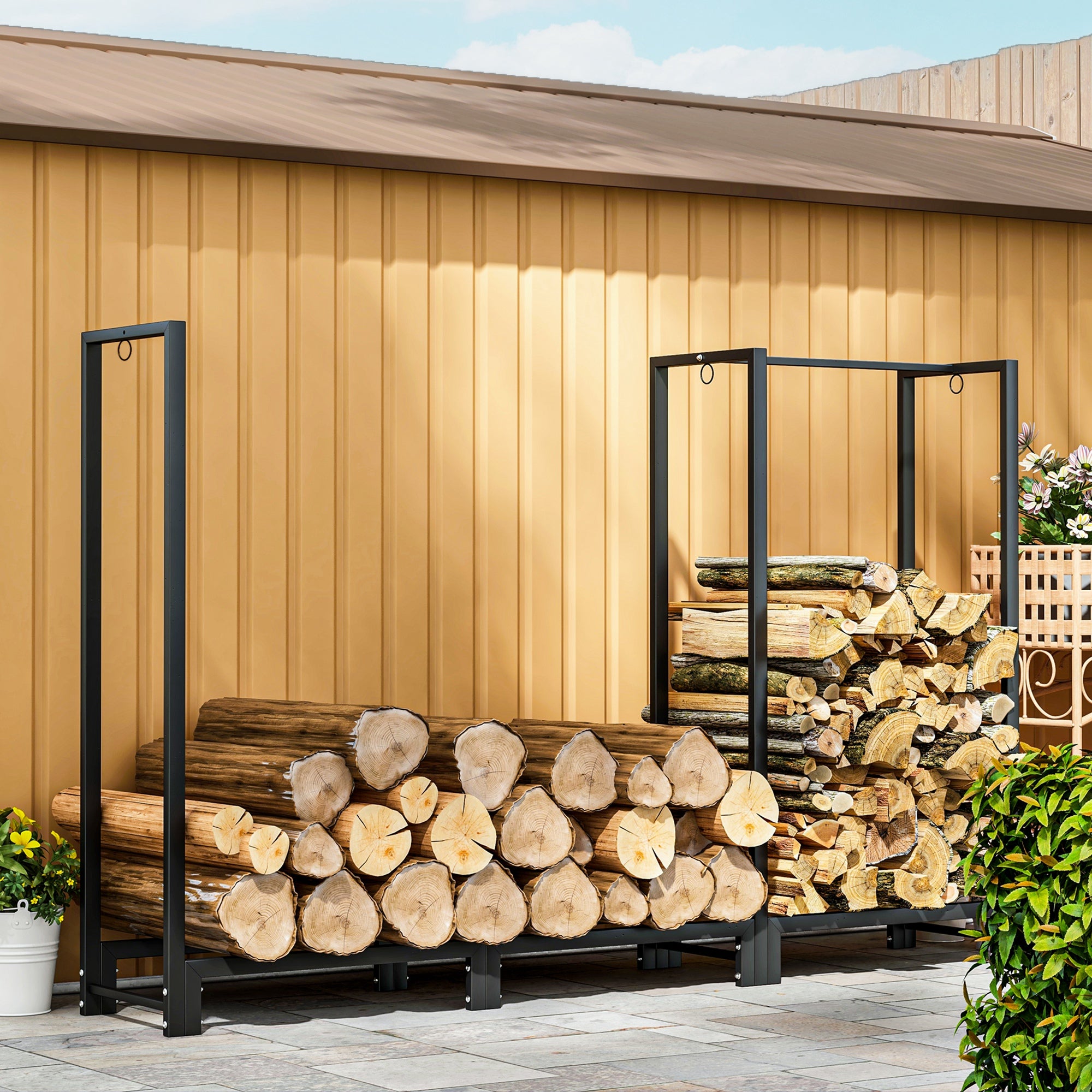 6ft Firewood Rack with Dual Space and Lock Rings, Steel Log Holder for Outdoor Indoor, Black Firewood Racks at Gallery Canada