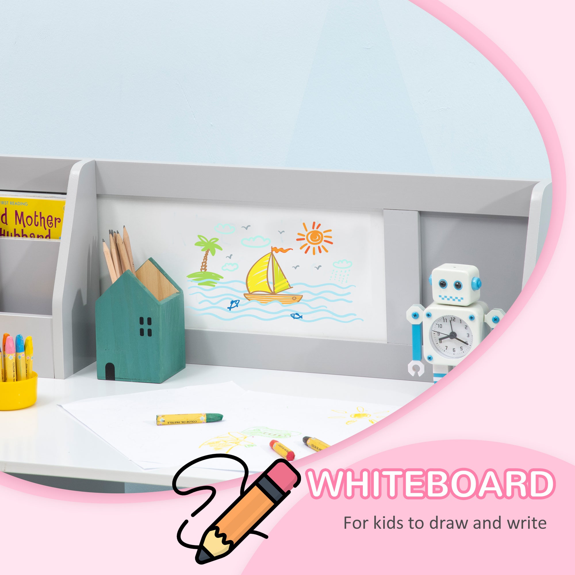 2Pcs Kids Desk and Chair Set with Whiteboard, Storage, Shelves, Grey Kids Desk Sets   at Gallery Canada