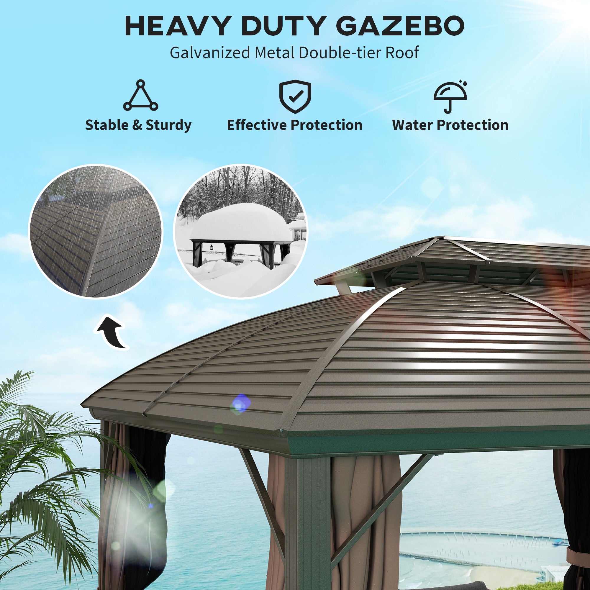 10' x 12' Hardtop Gazebo Canopy with Double Roof, Netting and Curtains for Garden, Backyard, Deck, Coffee Gazebos at Gallery Canada