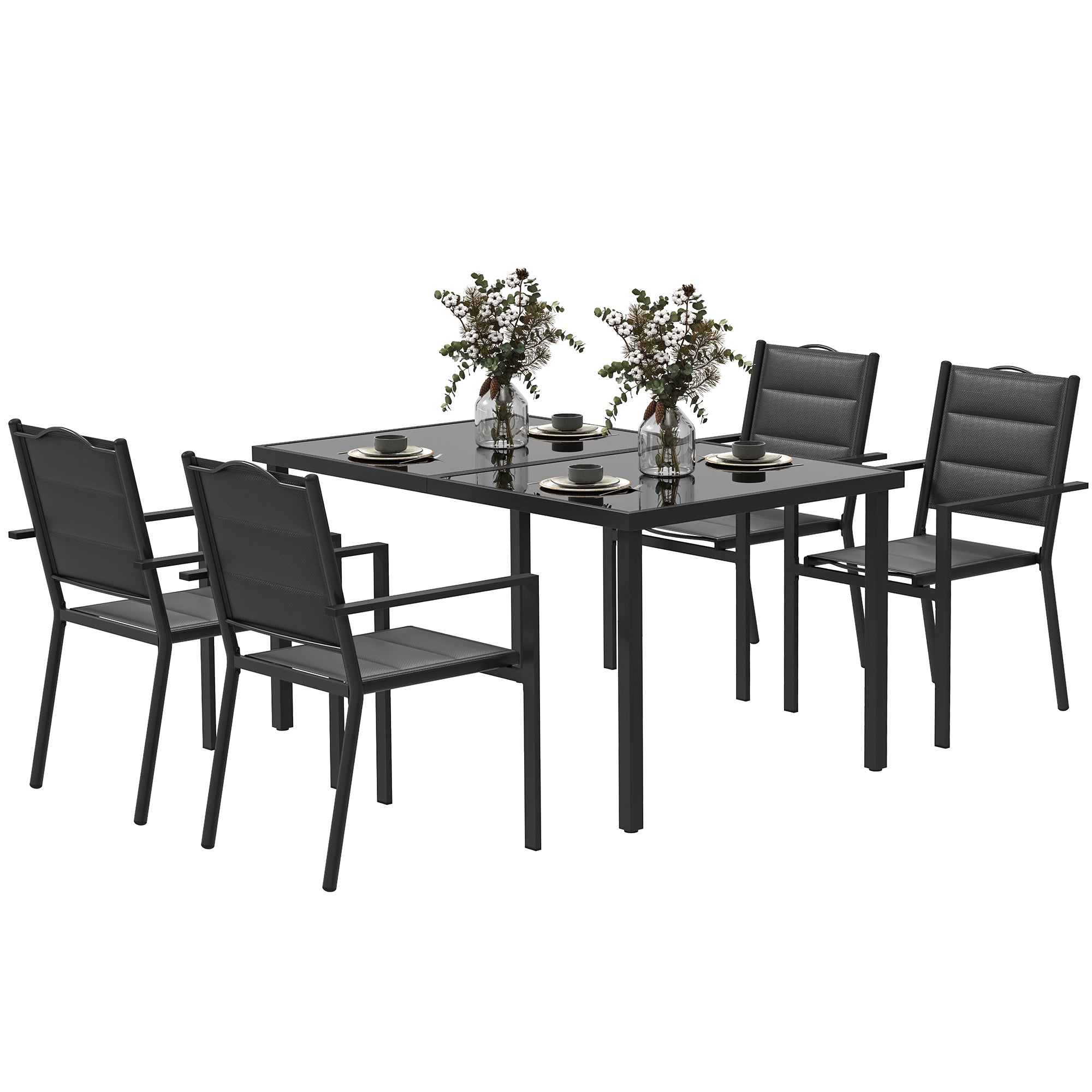 5 Piece Outdoor Dining Set w/ 4 Stackable Chairs, Rectangle Table, Tempered Glass Top, Steel Frame, Black Outdoor Dining Sets at Gallery Canada