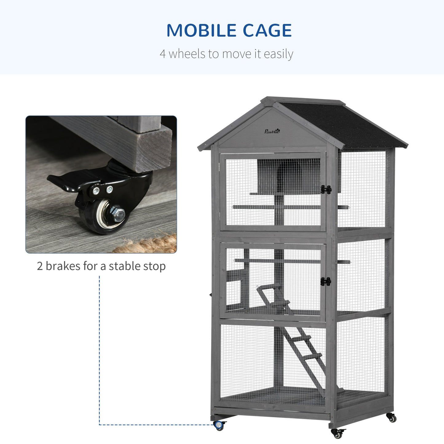 71" Bird Cage Large Mobile Wooden Aviary for Canary Cockatiel with Wheel Perch Nest Ladder Slide-out Tray for Indoor Outdoor Dark Grey Bird Cages   at Gallery Canada