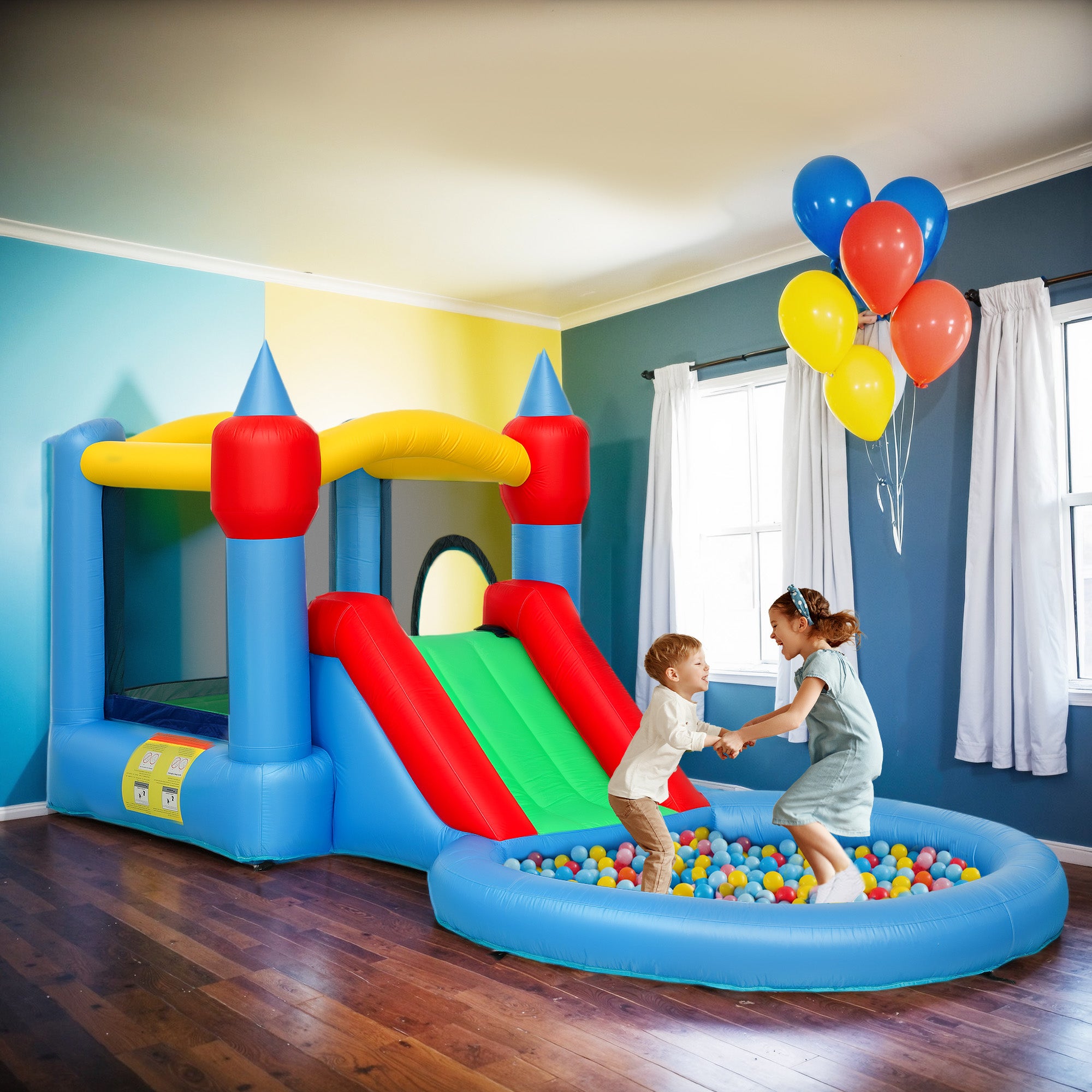 4 in 1 Inflatable Bounce House with Slide, Basketball Hoop, Ball Pit, Blower, Storage Bag, 163