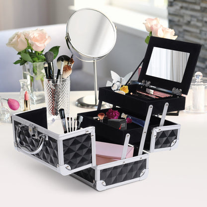 3 Tier Diamond Texture Makeup Train Case Cosmetic Organizer with Mirror, Black Makeup Cases   at Gallery Canada