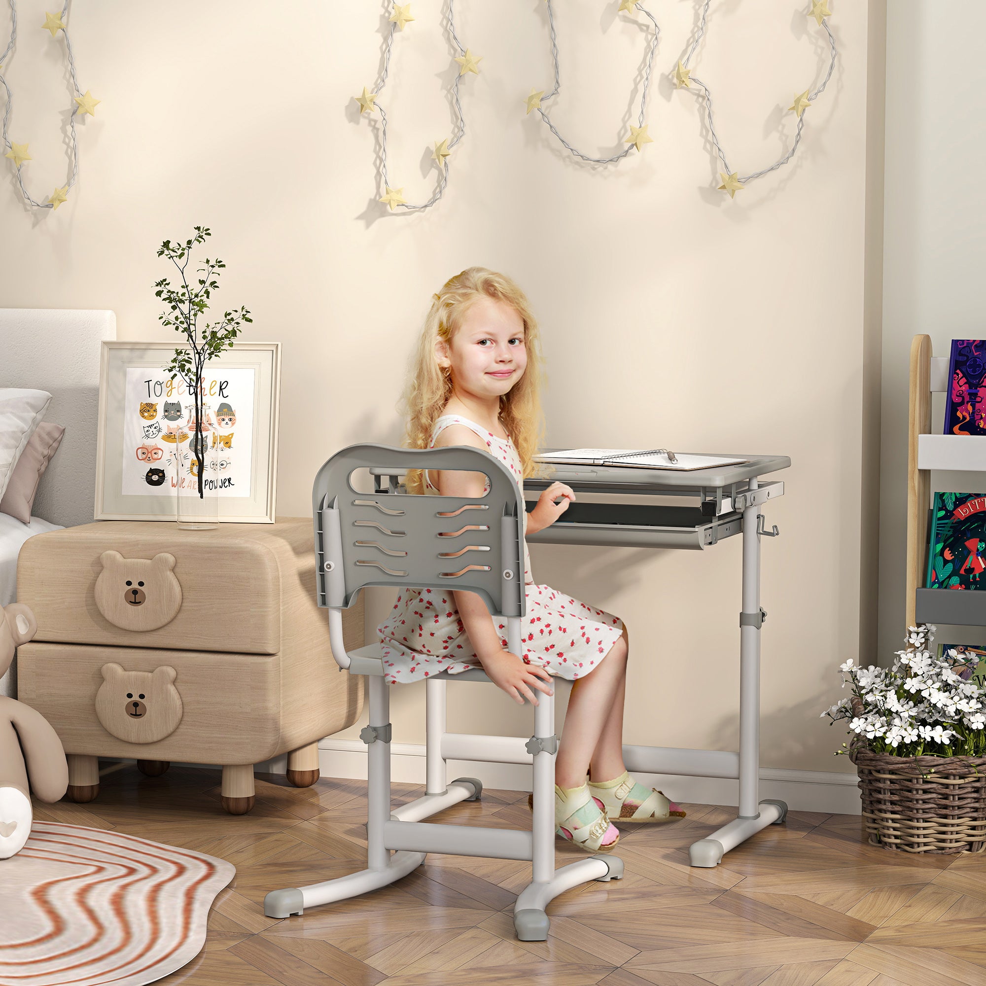 Height Adjustable Study Table and Chair Set with Drawer, Pen Slot, Tiltable Desktop, Hook, Grey Kids Desk Sets Grey  at Gallery Canada