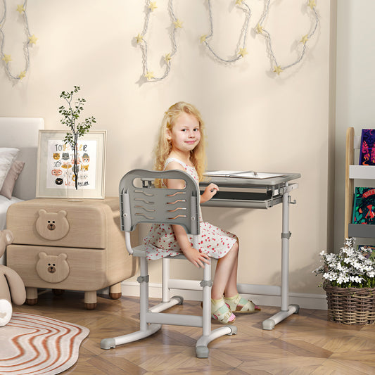 Height Adjustable Study Table and Chair Set with Drawer, Pen Slot, Tiltable Desktop, Hook, Grey Kids Desk Sets   at Gallery Canada