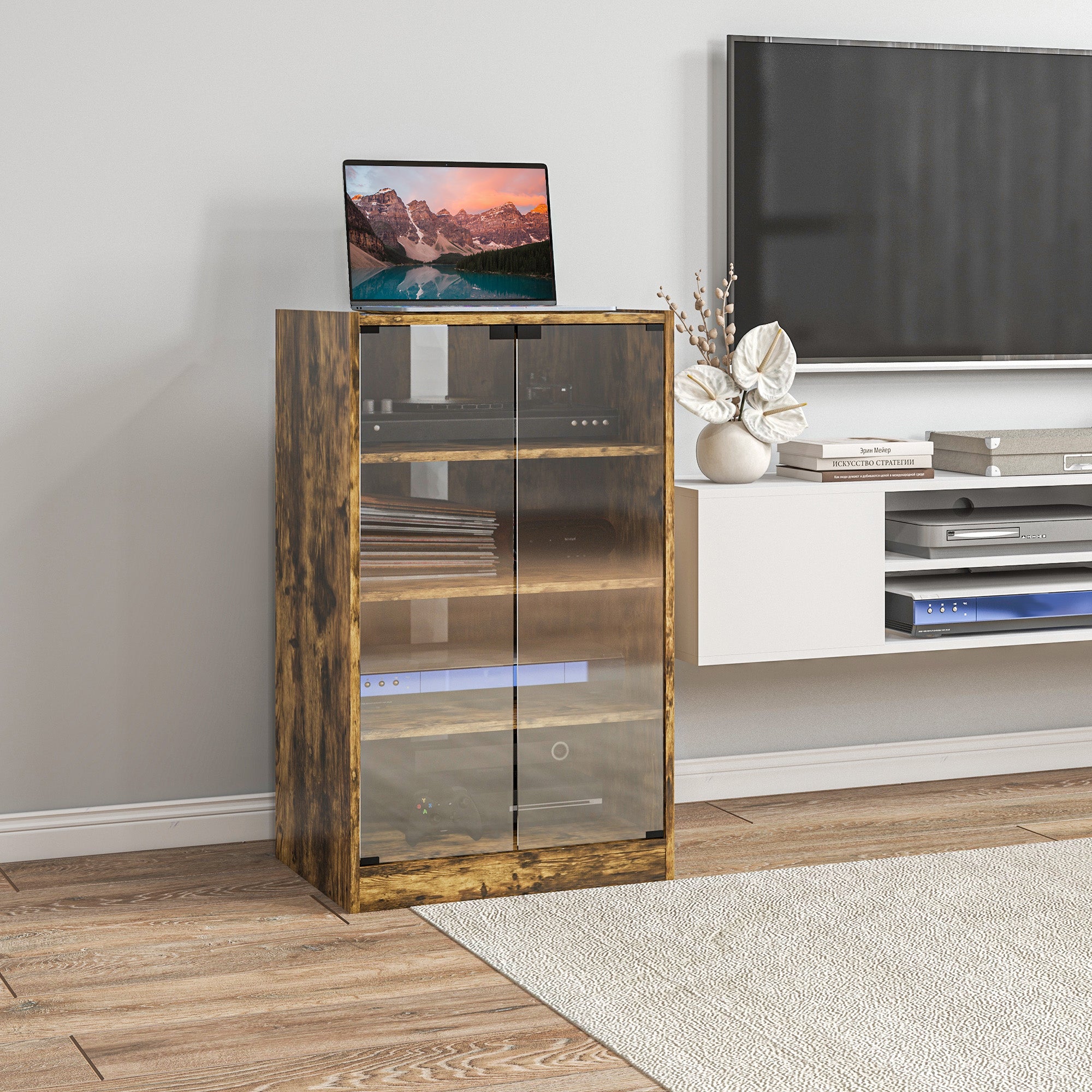 5-Tier Media Cabinet, Media Stand with Adjustable Shelves, Tempered Glass Doors, and Cable Management, Rustic Brown Storage Cabinets   at Gallery Canada