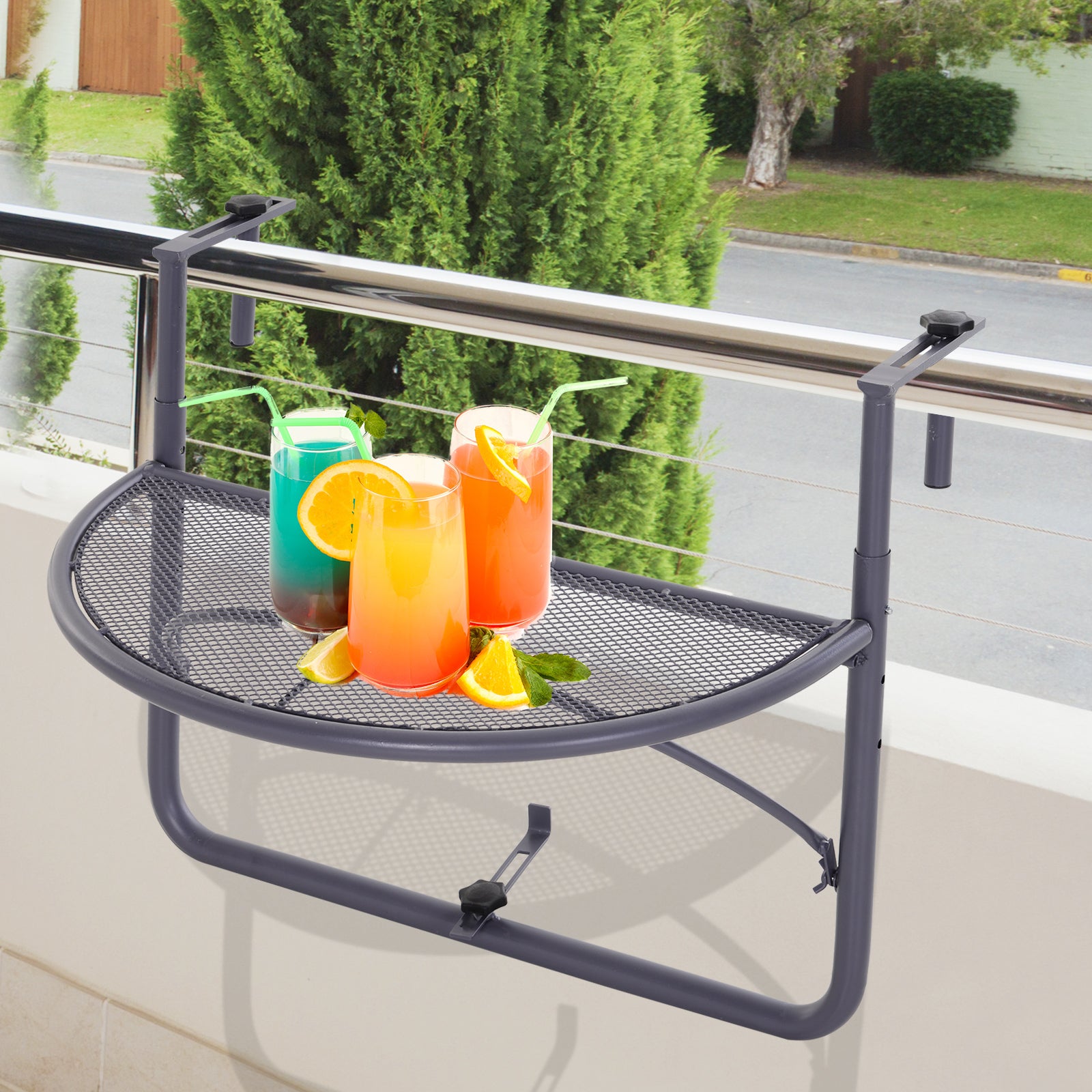 Adjustable Balcony Hanging Railing Table, Metal Mounting Mini Wall Desk Storage Rack, Outdoor Flower Stand Serving Table Half Round, Grey Balcony Table Hanging at Gallery Canada