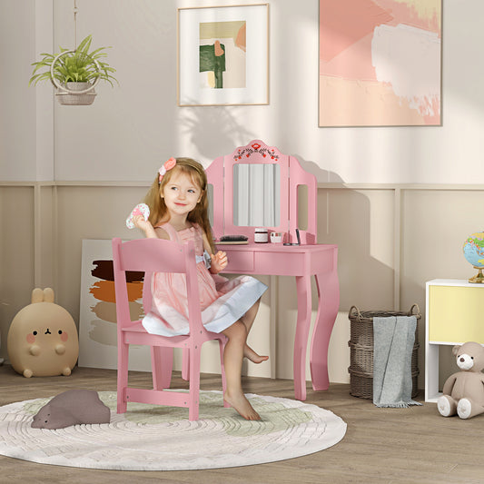 Kids Vanity Set, Dual-Use Dressing Table with Removable Tri-Folding Mirror and Drawer, for Ages 3-8, Pink Toy Vanity at Gallery Canada