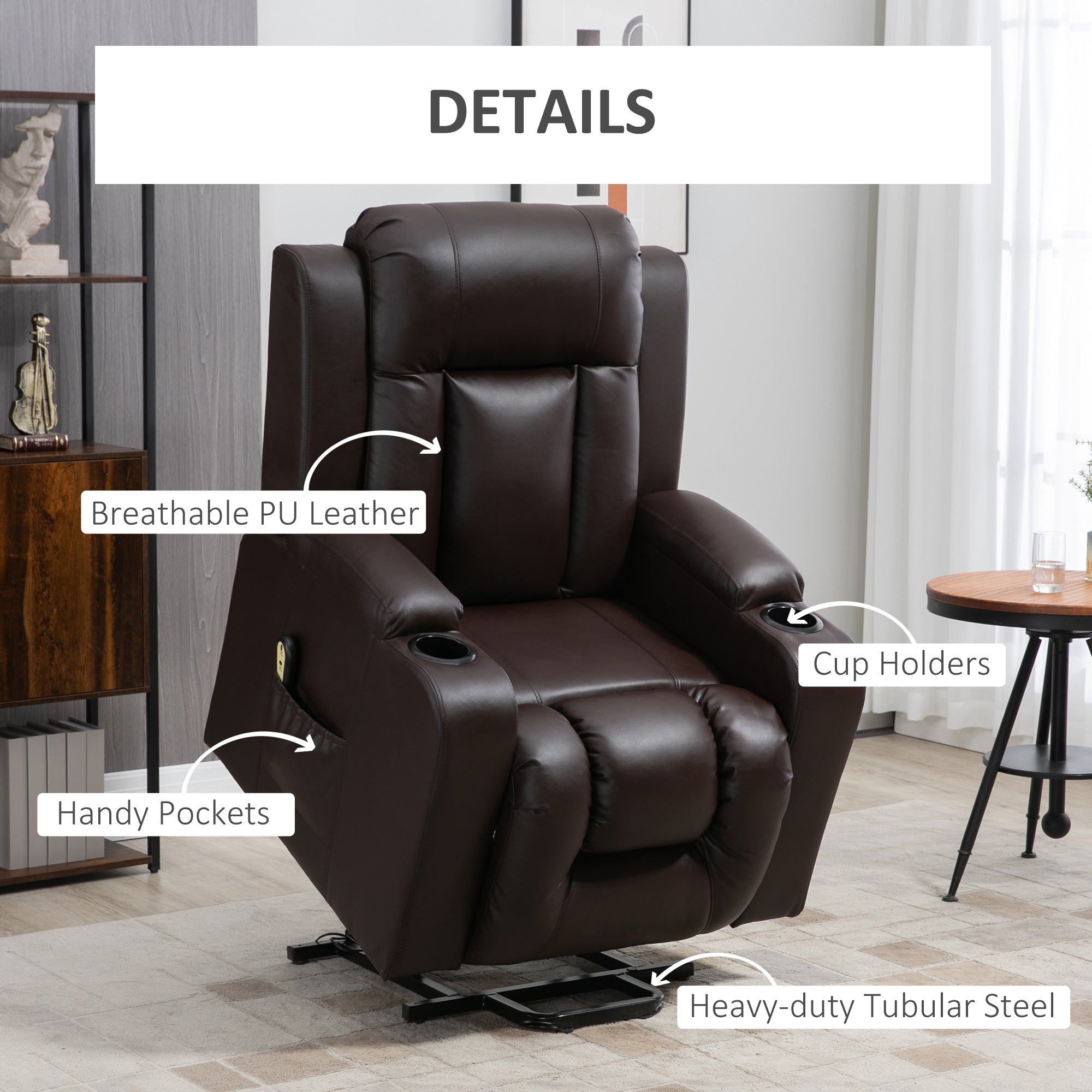 Electric Power Lift Chair, PU Leather Recliner Sofa with Footrest, Remote Control and Cup Holders, Brown Electric Power Lift Chairs   at Gallery Canada