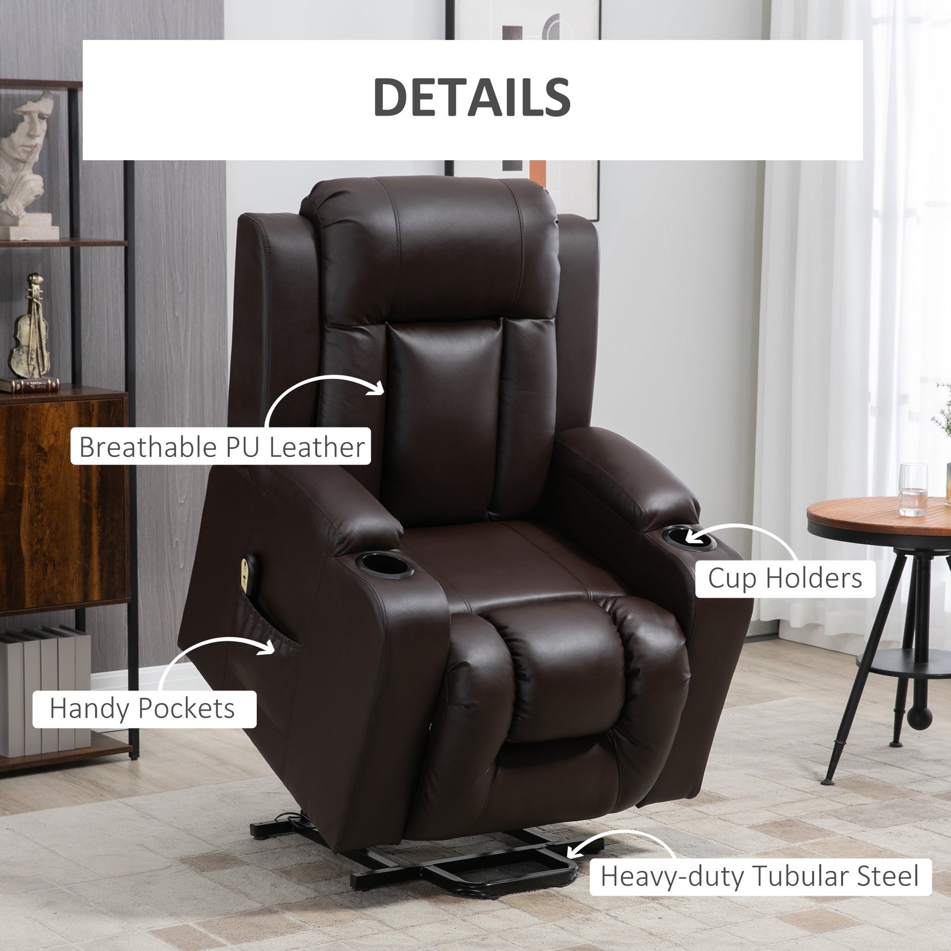 Electric Power Lift Chair, PU Leather Recliner Sofa with Footrest, Remote Control and Cup Holders, Brown Electric Power Lift Chairs   at Gallery Canada