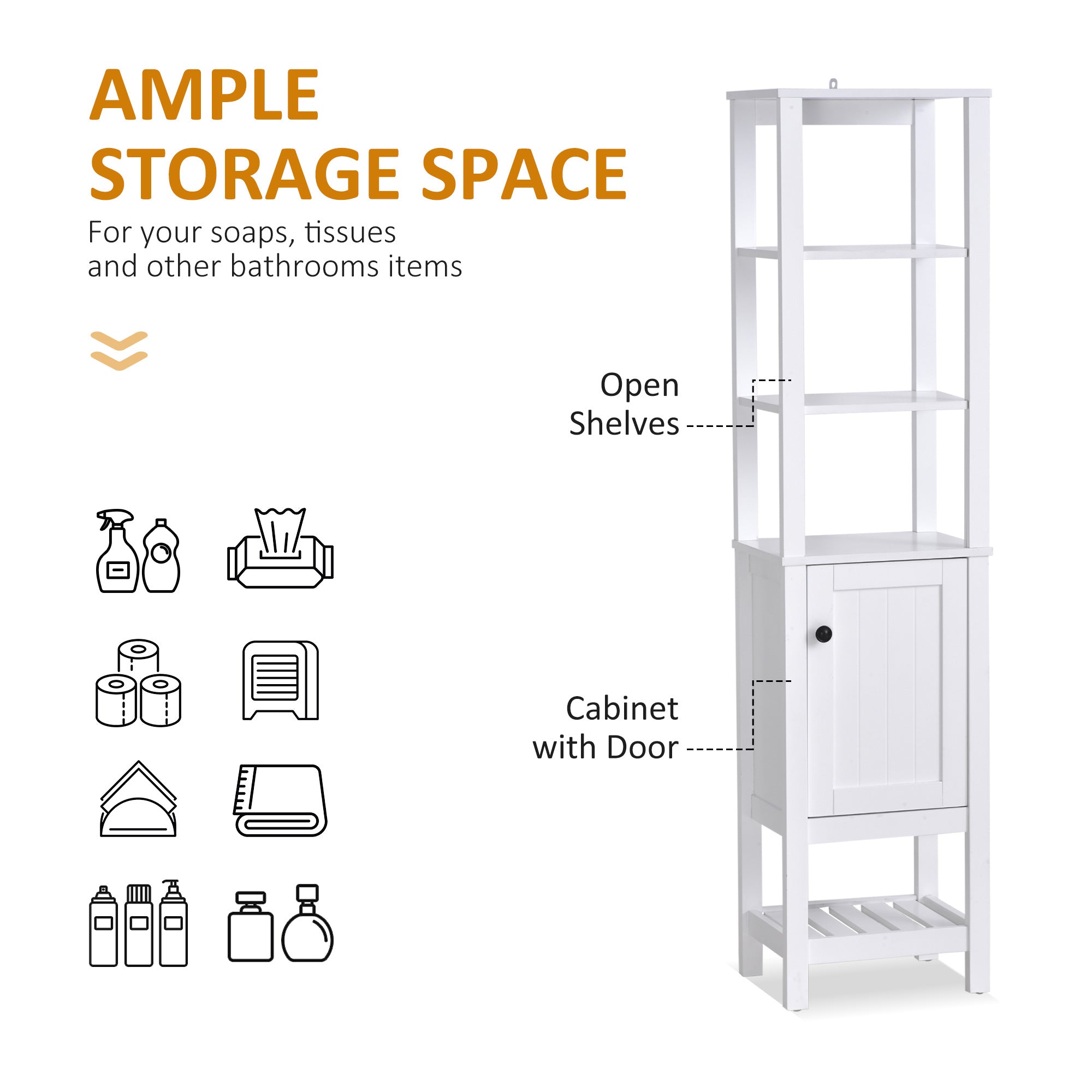 Tall Bathroom Storage Cabinet, Narrow Freestanding Linen Tower with Shelves &; Compact Design, White Bathroom Cabinets   at Gallery Canada