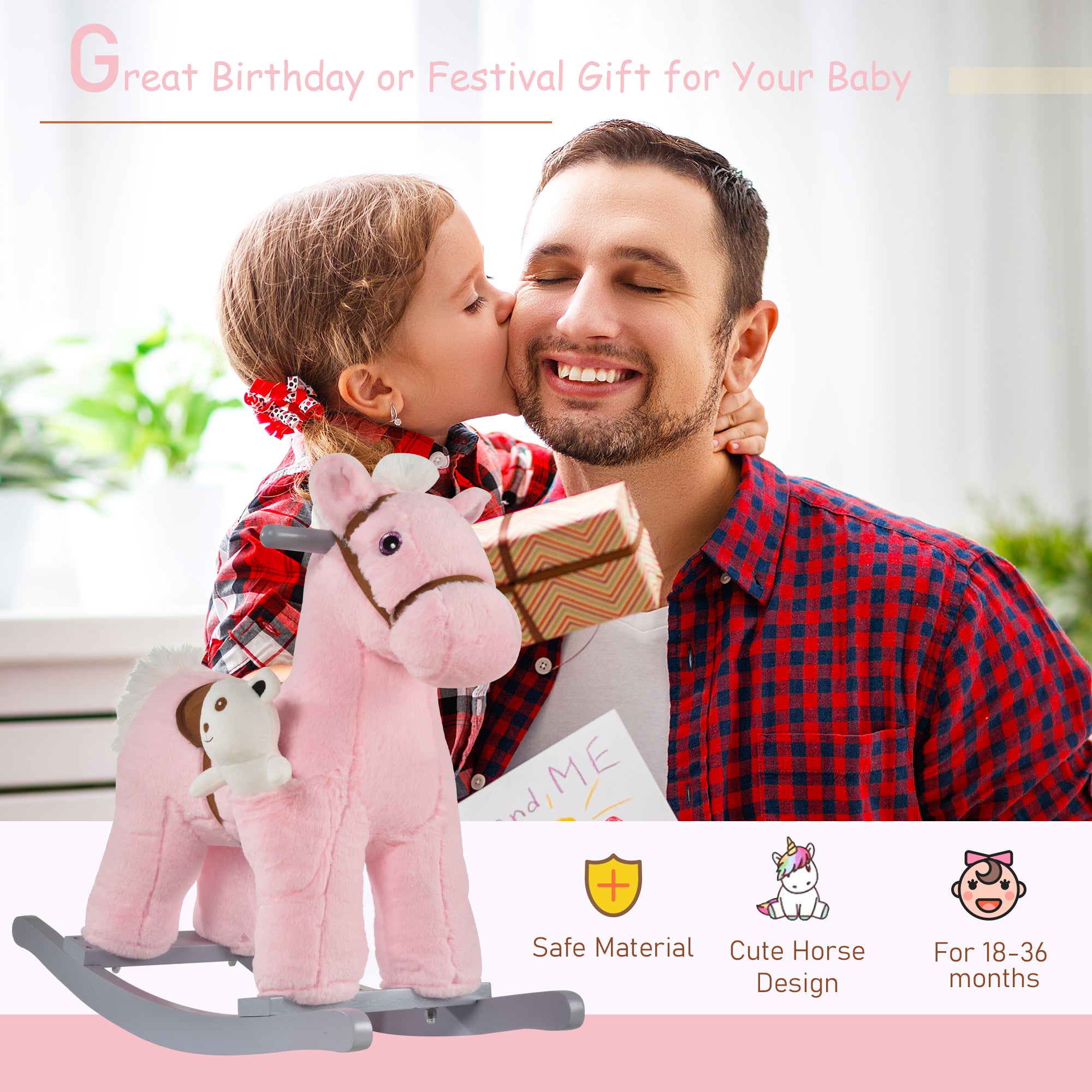 Kids Plush Ride-On Rocking Horse with Bear Toy, Children Chair with Soft Plush Toy &; Fun Realistic Sounds, Pink Rocking Horses at Gallery Canada