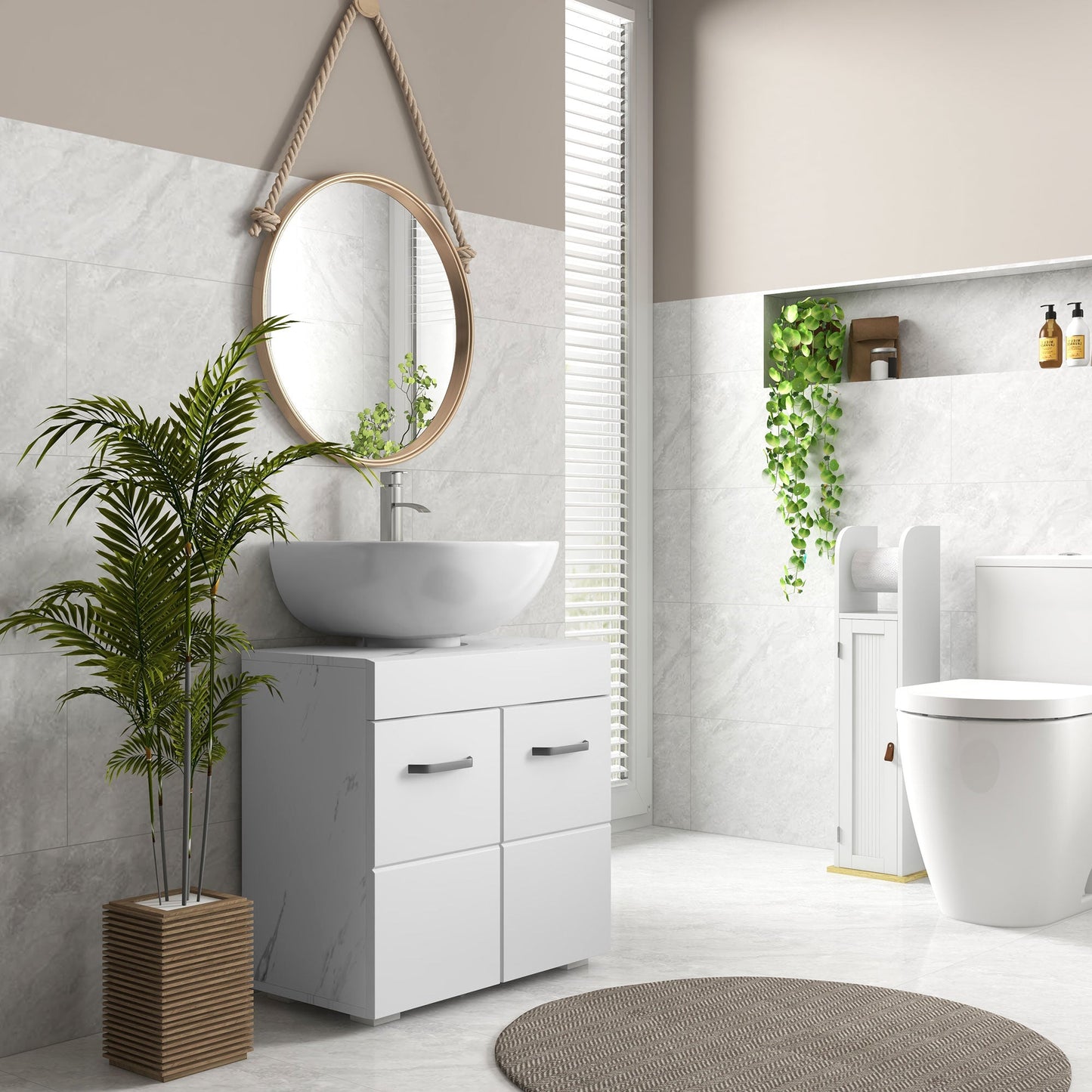 Bathroom Vanity Under Sink Cabinet, Pedestal Cabinet Storage with Double Doors and Adjustable Shelf, White Marbling Bathroom Cabinets   at Gallery Canada