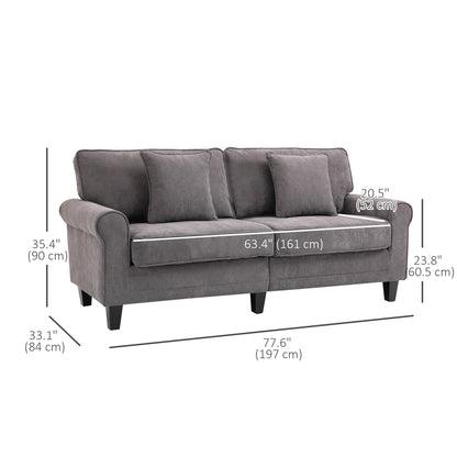 Modern 3 Seater Sofa, Corduroy Fabric 3 Seater Couch with Pine Wood Legs and Rolled Armrests for Living Room, Light Grey 3-Seater Sofas   at Gallery Canada